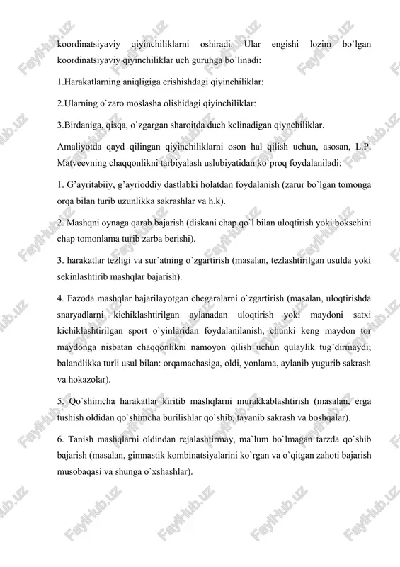 atxi kichiklashtirilgan sport o`yinlaridan foydalanilanish, chunki keng maydon tor maydonga nisbatan chaqqonlikni namoyon qilish uchun qulaylik tug’dirmaydi; balandlikka turli usul bilan: orqamachasiga, oldi, yonlama, aylanib yugurib sakrash va hokazolar). 5. qo`shimcha harakatlar kiritib mashqlarni murakkablashtirish (masalan, erga tushish oldidan qo`shimcha burilishlar qo`shib, tayanib sakrash va boshqalar). 6. tanish mashqlarni oldindan rejalashtirmay, ma`lum bo`lmagan tarzda qo`shib bajarish (masalan, gimnastik kombinatsiyalarini ko`rgan va o`qitgan zahoti bajarish musobaqasi va shunga o`xshashlar). 7. juft va gruppa bo`lib bajariladigan mashqlarda shug’ullanuvchilarning bir-biriga ko`rsatadigan qarshiliklarini o`zgartirish (masalan, o`yinlarda turli taktik kombinatsiyalarni qo`llash, mashqlarni bajarishda tez-tez sheriklarni o`zgartirish). chaqqonlikni nisbatan xususiy bo`lgan sifatlaridan biri muskullarni ratsional bo`shashtira bilishni o`rganish va uni takomillashtirishdir. har qanday harakat ma`lum ma`noda muskullarni ko`zg’alishi va bo`shashtirilishining natijasidir. ko`zg’alishdek, bo`shashtirish (lozim bo`lgan muskulni, lozim bo`lgan payitda) ni bilish har qanday harakatni samarali bajarishda muhim rol o`ynaydi. harakatni qoyilmaqom qilib bajarish uchun vaqtihcha bo`shashib turishi kerak bo`lgan muskullar guruhining tarangligi harakatni bajarish uchun lozim …