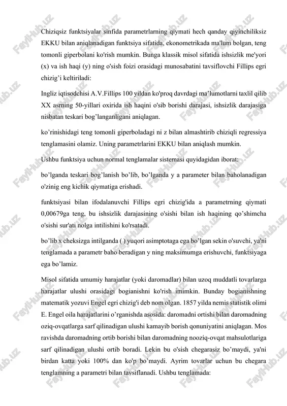 funktsiyalar ham qo’llaniladi (1943 y.uorking va 1964 y. ni z bilan almashtirsak ko’rinishidagi tenglamani olamiz. ushbu funktsiya avvalgi funktsiya kabi parametrlar bo’yicha chiziqli, asosiy x o'zgaruvchi bo'yicha esa chiziqli emas. a va b parametrlarrii ekku yordamida aniqlash mumkin. bunda normal tenglamalar sistemasi quyidagicha bo’ladi: 4. chiziqsiz regressiya uchun korrelyatsiya chiziqsiz regressiya tenglamasi chiziqli boglanishi kabi bo’g’lanish zichligi ko’rsatkichi bilan to’ldiriladi. ushbu holatda bu korrelyatsiya koeffitsientidir: bu erda - y natijaviy belgining umumiy dispertsiyasi; – qoldiq dispersiya. korrelyatsiya koeffitsientini quyidagi ko’rinishda ham yozish mumkin: ushbu ko'rsatkichmng qiymati 0 va 1 oralig'ida yotadi, ya'ni ko'rsatkich qanchalik 1 ga yaqin bo'lsa o'rganilayotgan belgilar orasidagi bog’lanish shunchalik zich bo'ladi va tuzilgan regressiya tengiamasi shunchalik haqiqatga yaqin bo'ladi. korrelyatsiya koeffitsienti - bu ikki ko’rsatkich natijalari orasidagi bog’lanishning yaqinlik darajasini ifodalaydi. biroq, bu kattalik bir ko’rsatkich qiymatiningsonli o’zgarishlari ikkinchi ko’rsatkichning qiymatlarini o’zgarishida qanday aks etishini aniqlash imkonini bermaydi. bunday savolga javob berish uchun regression tahlil usulidan …