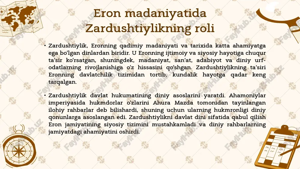 ida bu din davlat dini sifatida qabul qilingan. keyinchalik sasaniylar sulolasi davrida zardushtiylik yanada mustahkamlandi va davlat boshqaruvida muhim rol o‘ynadi. ammo arablarning bosqinchiligi davrida bu din musulmonlik bilan raqobatga kirishdi va asta-sekin chekinishga majbur bo‘ldi. ahamoniylar davrida (er.avv. 6–4-asrlar) zardushtiylik fors ahamoniylar sulolasi tomonidan qabul qilingan va davlat dini darajasiga ko‘tarilgan. ahura mazda podshohlarning homiysi sifatida ulug‘langan, diniy g‘oyalar esa davlat boshqaruvi va qonunchiligiga singdirilgan. zardushtiylikning hozirgi holati bugungi kunda zardushtiylik kichik diniy guruh sifatida eron, hindiston (parsilarning jamoasi), va boshqa mintaqalarda mavjud. uning diniy va falsafiy g‘oyalari insoniyat madaniyati va diniy tafakkuriga katta ta’sir ko‘rsatgan. zardushtiylikning diniy marosimlari zardushtiylar uchun olov poklik va ahura mazdaning timsoli hisoblanadi. olov ibodatxonalarda doimiy ravishda yonib turadi va uning oldida ibodat qilish muqaddas deb bililadi. biroq ular olovning o‘ziga sig‘inishmaydi, balki olovni ilohiy nurning ramzi sifatida e’zozlashadi. zardushtiylikda ibodatning asosiy shakli yasna deb ataladi. bu marosim davomida maxsus o‘qishlar va duo ibodatlari …