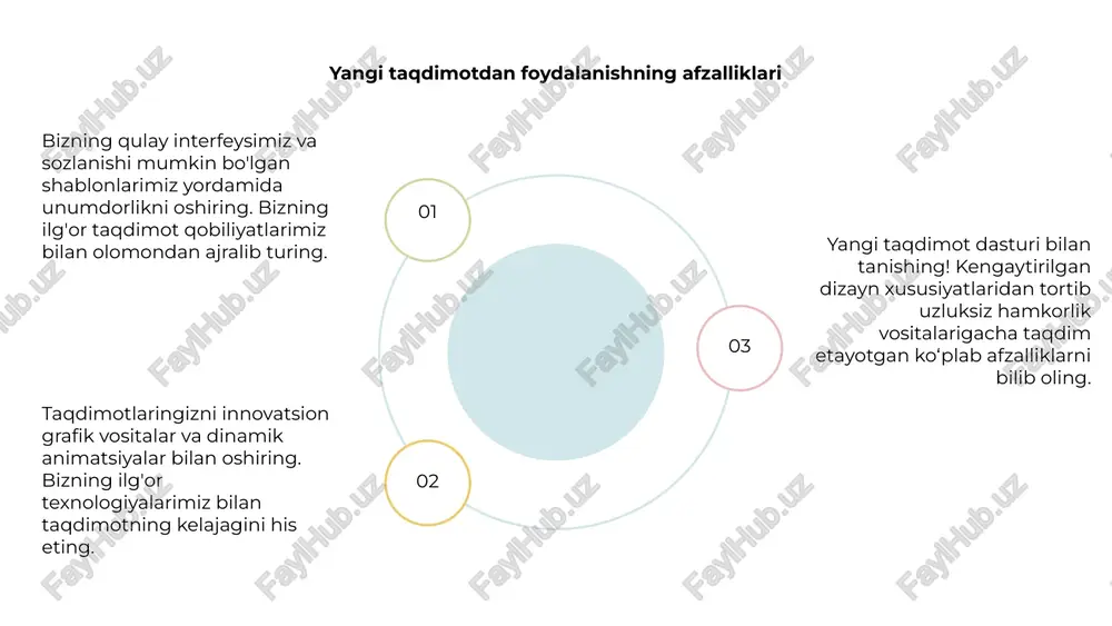 bizga qo'shiling. yangi taqdimotning interaktiv xususiyatlari venus is the second planet from the sun mercury is the closest planet to the sun jupiter is the biggest planet of them all 1 2 3 yangi taqdimot uchun ilg'or texnikalar ushbu yangi taqdimotda biz slaydlaringizni keyingi bosqichga olib chiqadigan ilg'or usullarni o'rganamiz. interfaol elementlardan dinamik vizuallargacha, siz taqdimotlaringizni qanday qilib yanada jozibador va ta'sirli qilishni o'rganasiz. tomoshabinlarni jalb qilish va asosiy fikrlaringizga e'tibor qaratish uchun animatsiya va o'tishlardan qanday samarali foydalanishni bilib oling. ushbu ilg'or texnikalar yordamida siz taqdimotlaringizni yanada vizual va esda qolarli qilishingiz mumkin. siz yangi boshlovchi yoki tajribali mutaxassis bo'lasizmi, ushbu taqdimot tomoshabinlarni o'ziga jalb etadigan ta'sirchan va jozibali slaydlar yaratishda sizga yordam beradigan qimmatli tushunchalar va amaliy maslahatlar beradi. yangi taqdimotdagi umumiy muammolarni bartaraf etish ushbu yangi taqdimotda biz foydalanuvchilar duch kelishi mumkin bo'lgan umumiy muammolarni bartaraf etishni muhokama qilamiz. bu texnik nosozliklardan tortib dizayn muammolarigacha bo'lgan keng …