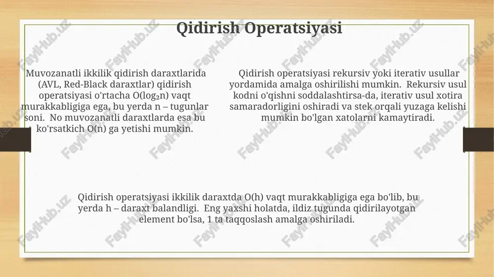 operatsiyasi vaqti murakkabligi, eng yomon holatda, daraxt balandligiga, ya'ni o(h) ga proportsional bo'ladi, bu erda h – daraxtning balandligi. muvozanatli daraxtlarda bu vaqt murakkabligi log₂n ga yaqinlashadi, n – tugunlar soni. e'tiboringiz uchun rahmat @taqdimot_robot image3.png image4.png