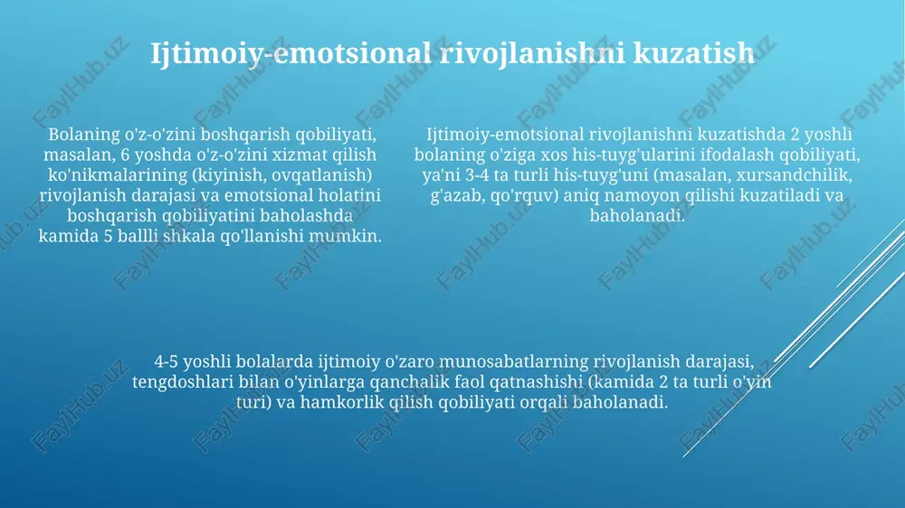 , har bir ko'rsatkichning individual xususiyatlari aniqlanadi va qayd etiladi. bolaning bosh aylanasi, ko'krak qafasi atrofi va uzunligi kabi parametrlarni o'lchash va qayd etish 0-6 oylik va keyin 1 yoshda amalga oshiriladi, bu ma'lumotlar standart jadvallar bilan solishtiriladi. e'tiboringiz uchun rahmat @taqdimot_robot