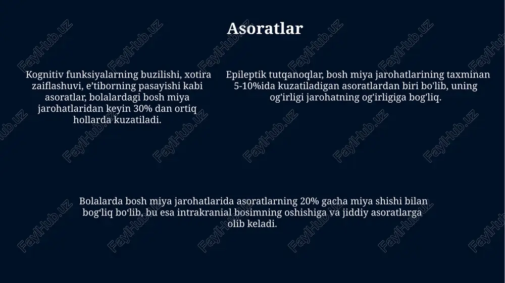 albiy ta'sir ko'rsatishi mumkin. depressed fracturelar (botiq sinishlar) bolalarda miya shikastlanishi xavfini oshirish bilan birga, kosmetik nuqsonlarga ham olib kelishi mumkin, bu holatlarning 15-20% jarrohlik aralasuvini talab qiladi. prognoz bolalarda bosh miya shikastlanishi prognozi yoshga, shikastlanish og‘irligiga va bemorning umumiy sog‘lig‘iga bog‘liq bo‘lib, 80% hollarda to‘liq tuzalish kuzatiladi. erta davolash va intensiv terapiya bolaning prognozini sezilarli darajada yaxshilashi mumkin, o‘lim xavfini 15% ga kamaytiradi va to‘liq tiklanish ehtimolini oshiradi. erta davolash va intensiv terapiya bolaning prognozini sezilarli darajada yaxshilashi mumkin, o‘lim xavfini 15% ga kamaytiradi va to‘liq tiklanish ehtimolini oshiradi. bosh miya lat yegishi bolalarda bosh miya lat yegishiga ko'pincha 0-4 yoshgacha bo'lgan yosh bolalar moyil bo'lib, bu yoshdagi jarohatlarning 70% gacha tashkil etadi, chunki ularning bosh suyagi nisbatan yupqa va miyasi hali yetarlicha rivojlanmagan. bolalarda bosh miya lat yegishidan keyin kechiktirilgan oqibatlar, masalan, kognitiv buzilishlar (xotira, e'tibor, til rivojlanishidagi nuqsonlar) 5 yoshdan keyin ham kuzatilishi mumkin va ularning og'irligi …