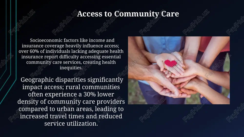 onal therapists), improves client outcomes by approximately 15% in community-based rehabilitation programs, demonstrating the value of integrated care models. professionals in community care, such as social workers and nurses, often manage caseloads of 20-30 clients, requiring excellent time management and prioritization skills for effective service delivery and client wellbeing. future trends in community care artificial intelligence (ai)-powered predictive analytics will be used in 15% of community care organizations to identify individuals at high risk of health deterioration, enabling early interventions and preventing 10% of preventable hospitalizations. the rise of telehealth will see a 30% increase in remote monitoring by 2025, facilitating proactive interventions and reducing hospital readmissions for approximately 20% of community care patients with chronic conditions. thank you for your attention @taqdimot_robot image1.jpg image2.jpg image3.jpg image4.jpg image5.jpg image6.jpg image7.jpg image8.jpg image9.jpg image10.jpg image11.jpg image12.jpg image13.jpg image14.jpg image15.jpg image16.jpg image17.jpg