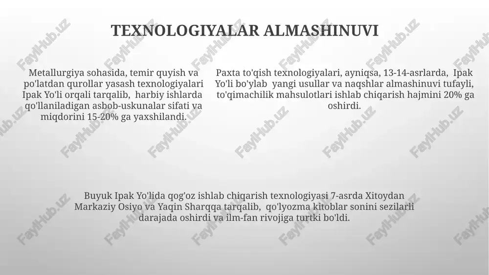 ar, ipak yo'lining sharqiy qismida joylashgan bo'lib, xitoy bilan markaziy osiyo o'rtasidagi savdo aloqalarida muhim rol o'ynagan va 1500 dan ortiq yillar davomida gullab-yashnagan yirik shahar edi. kashg'ar, ipak yo'lining sharqiy qismida joylashgan bo'lib, xitoy bilan markaziy osiyo o'rtasidagi savdo aloqalarida muhim rol o'ynagan va 1500 dan ortiq yillar davomida gullab-yashnagan yirik shahar edi. ipak yo'lining ahamiyati ipak yo'li bo'ylab 100 dan ortiq shaharlar o'zaro savdo aloqalarini o'rnatgan bo'lib, bu mintaqaviy iqtisodiy integratsiyani sezilarli darajada rivojlantirgan. buyuk ipak yo'li orqali 2000 yildan ortiq vaqt davomida ipak, ziravorlar, otlar kabi 200 dan ortiq turdagi tovarlar almashinuvi amalga oshirilgan. ipak yo'lining mavjudligi madaniy almashinuvga katta hissa qo'shib, buddizm, islom va nasroniylik kabi dinlarning tarqalishiga ta'sir ko'rsatgan. savdo-sotiq turlari ipak, ziravorlar, chinni va metall buyumlar kabi yuqori qiymatli tovarlar o'zaro almashinuvi asosiy savdo turlaridan biri hisoblangan. bunday tovarlarning narxi 1000 dan ortiq tanga bo'lishi mumkin edi. yerli hunarmandchilik mahsulotlari, masalan, qo'lda to'qilgan matolar, …