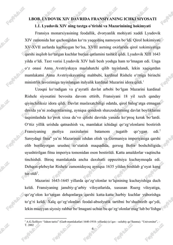 cha daxshatli oppozitsiya kuchaymoqda edi. dehqon-plebeylar rishel`e zamonidayoq ayniqsa 1635 yildan boshlab g'oyat keng tus oldi. mazarini 1643-1645 yillarda qo'zg'olonlar to'lqinining kuchayishiga duch keldi. frantsiyaning janubiy-g'arbiy viloyatlarida, xususan ruerg viloyatiga, qo'zg'olon ko'targan dehqonlarga qarshi katta-katta harbiy kuchlar yuborishga to'g'ri keldi. xalq qo'zg'olonlari feodal-absolyutik tartibni bo'shashtirib qo'ydi, lekin muayyan siyosiy rahbar bo'lmagani uchun bu qo'zg'olonlar mag'lub bo'lishga mahkum edi. urushni tamomlash uchun yangidan-yangi daromad qidirib, mazarini burjuaziyaning, jumladan parij burjuaziyasining keng doiralarini ham o'z ehtiyotsizligi bilan oppozitsiyalar lageriga o'tkazib yubordi. mazarini lavozimdor shaxslarning huquq va imtiyozlariga dahl qildi va bu bilan absolyutizmni bu shaxslar madadidan mahrum etdi. faqag "moliyachi" largina ilgarigi vaqtlardagidan yaxshi ravnaq topdi. fronda shu tarzda (1648-1653) shakllandi. bu so'zning ma'nosini aslo "bolalar o'yini" emas, ko'pincha uni "bolalar o'yini" deb da'vo qiladilar "fronda" - "sopqon" demakdir[footnoteref:4]. [4: q.nasriddinov “yangi tarix” (ma’ruza matnlari)] lyudovik xiv tomonidan o'z hukmronligi davrining boshidan oxirigacha olib boriladigan ichki siyosatining asosiy vazifasi dvoryanlarning markazlashgan diktatura …