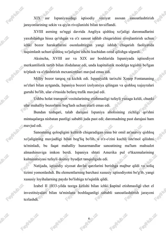 q va qonuniy belgilangan mulklarga bo'linmadi, ammo shu paytdan boshlab barcha fuqarolar qonun oldida teng bo'lishini belgilagan liberal tamoyil kengayib bora boshladi. ispaniyaning ijtimoiy sinflarini aniqlaydigan narsa iqtisodiy darajadir; ushbu kontekst yuqori, o'rta yoki quyi sinf mulklarini taqdim etdi. proletariat va burjuaziya o'rtasidagi farqni ta'kidlab, ishlab chiqarish jarayonlari bo'yicha ham bo'linma tashkil etildi. ijtimoiy sinflar ochiq edi, shuning uchun ijtimoiy tushish yoki ko'tarilish sodir bo'lishi mumkin edi, bu hodisa vertikal harakat deb ham ataladi. biroq, sinflar orasidagi bu harakat shunchalik oddiy bo'lmagan, chunki ushbu modifikatsiyalar ichida tashqi omillar muhim rol o'ynagan. masalan, dvoryanlar unvonini berish iqtisodiy yaxshilanishga olib kelishi mumkin. xix asrda ispaniyada sodir bo'lgan eng muhim voqealar xronologik ravishda quyida keltirilgan: - 1808-yilda napoleon hokimiyati oldida ispaniyaning mustaqillik urushi yuz berdi. - 1812-yilda birinchi ispaniya konstitutsiyasi o'rnatildi, bu ispaniya davlati tizimida kuchli o'zgarishlarni nazarda tutdi. - 1833-yilda qirol qirolicha yelizaveta ii taxtga o'tirdi. - 1837-yilda birinchi carlist urushi bo'lib …