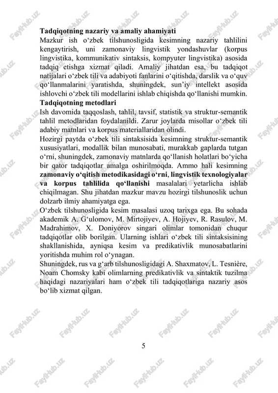 yarmida o‘zbek tilshunosligida kesimga bag‘ishlangan chuqur tadqiqotlar olib borildi. akademik a. g‘ulomov kesimning sintaktik markaz sifatidagi o‘rnini asoslab, uni ega bilan o‘zaro predikativ munosabatda bo‘luvchi grammatik birlik sifatida ta’rifladi. keyinchalik m. mirtojiyev, a. madrahimov, a. hojiyev, r. rasulovlarning ishlari bu sohada muhim bosqich bo‘ldi. ularning tadqiqotlarida kesimning shakliy, semantik, sintaktik va kommunikativ jihatlari keng yoritildi. hozirgi davrda esa kesim masalasi zamonaviy lingvistika, jumladan, korpus lingvistika, funksional grammatika, kommunikativ sintaksis va kompyuter lingvistika nuqtai nazaridan ham qayta o‘rganilmoqda. bu esa kesim kategoriyasining tadbiq doirasini kengaytirib, uni tilshunoslikning amaliy yo‘nalishlariga bog‘lamoqda. 6 1.2. o‘zbek tili sintaksisida kesimning grammatik mohiyati kesim gapning markaziy grammatik bo‘lagi sifatida boshqa bo‘laklarni o‘ziga birlashtiradi. gapning mazmuni asosan kesim orqali ifodalanadi. u egaga bog‘lanib, predikativlik — ya’ni shaxs, son, zamon va modallik kabi grammatik ma’nolarni ifodalaydi. o‘zbek tilida kesim asosan fe’l shakllari orqali ifodalanadi: • fe’l kesim (masalan, men kitob o‘qiyapman); • ot kesim (u shifokor); • sifat …