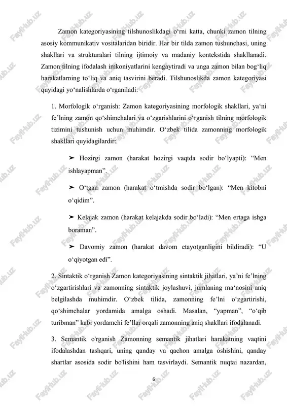 i va ehtimoliy zamonlar kabi ko‘plab grammatik shakllar mavjud. masalan: ➤sodda o‘tgan zamon “men ishni tugatdim”. ➤davomiy o‘tgan zamon: “u kitobni o‘qiyotgan edi”. ➤kelajak zamon: “men ertaga kelaman”. ➤shartli zamon “agar men bilganimda, yordam bergan bo‘lardim”. ➤muqobil zamon: “agar men sizning o‘rnigizda bo‘lganimda bunday qilgan bo‘lardim”. bundan tashqari, o‘zbek tilida yordamchi fe’llar yordamida zamonning turli shakllarini hosil qilish mumkin. bular, tilning fe’l tizimida zamonning to‘g‘ri va samarali ifodalanishini ta’minlaydi. 2 sayfullayeva r.r. va boshq. hozirgi o‘zbek tili [matn]: darslik/ sayfullayeva r.r. [va boshq.] – buxoso:ooo “sadriddin salim buxoriy” durdona nashriyoti, 2021. – b. 275 8 o‘zbek tilida zamon kategoriyasining morfologik xususiyatlari. o‘zbek tilida zamon kategoriyasi morfologik jihatdan juda boy va xilma- xildir. zamonning grammatik shakllari, asosan, fe’lning shakllarida ifodalanadi. o‘zbek tilida zamon kategoriya shakllari quyidagi asosiy turlarda namoyon bo‘ladi: 1. hozirgi zamon – bu zamonning fe’l shaklida ifodalangan holati hozirgi vaqtda amalga oshayotgan yoki hozirgi kunda bajarilayotgan harakatlarni tasvirlaydi. misol …