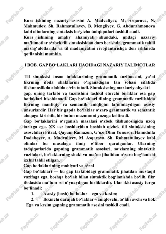 ‘laklari fikrning grammatik tuzilishini tashkil etuvchi vositalar sifatida til tizimining sintaktik sathida eng muhim birliklardan biri hisoblanadi. gap bo‘laklari haqidagi nazariy qarashlarning rivojlanish bosqichlari o‘zbek tilshunosligida gap bo‘laklarini o‘rganish uch bosqichda shakllangan: 1. dastlabki bosqich (xx asrning boshlarigacha): bu davrda gap bo‘laklari grammatik tahlilda qat’iy belgilangan me’yorga ega emas edi. o‘sha paytda arab, fors va turkiy grammatikalarda “so‘z turkumlari” asosida fikr yuritilib, gap tuzilmasi mantiqiy jihatdan izohlangan. fitratning “sarf” va “nahv” darsliklarida esa gap tuzilishining sintaktik asoslari ilk bor ilmiy yo‘sinda ko‘rsatilgan. 2. ikkinchi bosqich (xx asrning o‘rtalaridan 1980-yillargacha): bu davrda m. asqarova, sh. rahmatullayev, a. madvaliyev kabi olimlar gap bo‘laklari tizimini grammatik, semantik va funksional jihatdan chuqur tahlil qildilar. ayniqsa, sh. rahmatullayevning “hozirgi o‘zbek adabiy tili” asarida gap bo‘laklarining grammatik belgilari, so‘z tartibi va bog‘lovchi vositalar bilan bog‘liq xususiyatlari izchil yoritilgan. 3. zamonaviy bosqich (1990-yillardan hozirgacha): hozirgi davr tilshunosligida gap bo‘laklariga funksional va kommunikativ yondashuv kuchaydi. gap bo‘laklari nafaqat …