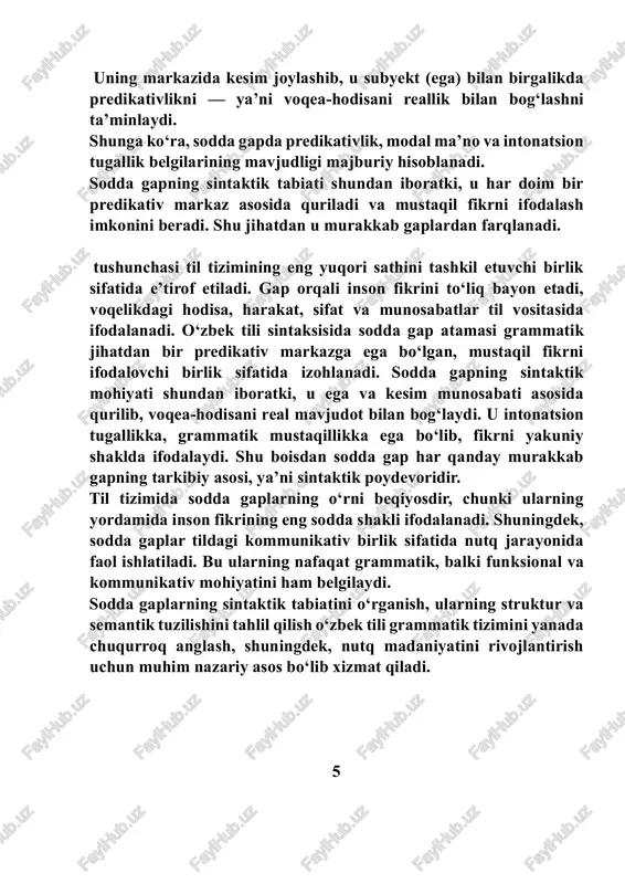 taksisining barcha bosqichlarini to‘g‘ri tushunishga zamin yaratadi. sodda gaplar ega–kesim asosida quriladi. ba’zan gap tarkibida faqat kesim yoki faqat ega ko‘rinishida ham fikr to‘liq ifodalanishi mumkin, bunday holatlarda gap qisqartirilgan yoki ellipsisli deb yuritiladi. 1.2. sodda gapning o‘zbek tilshunosligida o‘rganilish tarixi o‘zbek tili sintaksisida sodda gap masalasi qadimdan olimlar diqqat markazida bo‘lgan. xix asr oxiri va xx asr boshlarida yozilgan grammatik manbalarda gapning tuzilishi, turlari haqida ilk nazariy fikrlar uchraydi. sovet davridan boshlab bu masala tizimli ravishda o‘rganila boshlandi. xususan, a. g‘ulomov, sh. rahmatullaev, m. asqarova, n. mahmudov, a. nurmonov, r. qo‘ng‘urov, a. madvaliyev kabi olimlar sodda gapning grammatik tuzilishi, komponentlari, predikativ munosabat va semantik turlari haqida fundamental izlanishlar olib borganlar. professor a. g‘ulomov sodda gapni grammatik birlik sifatida izohlab, uni ega va kesimning o‘zaro munosabatiga asoslangan birlik deb belgilaydi. sh. rahmatullaev esa gapning ma’nodoshlik, modal, sintaktik vazifalarini chuqur tahlil qilib, sodda gapni kommunikativ birlik sifatida baholaydi. xx asr oxirlarida …
