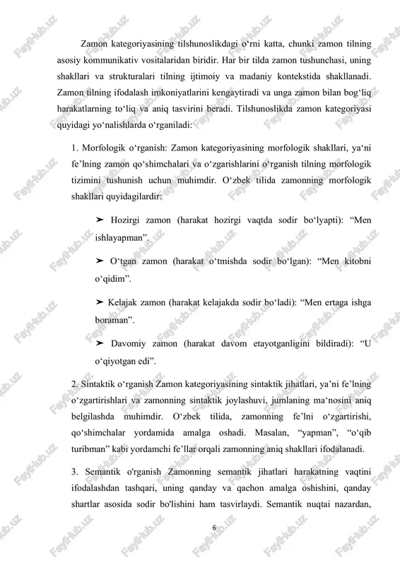 i va ehtimoliy zamonlar kabi ko‘plab grammatik shakllar mavjud. masalan: ➤sodda o‘tgan zamon “men ishni tugatdim”. ➤davomiy o‘tgan zamon: “u kitobni o‘qiyotgan edi”. ➤kelajak zamon: “men ertaga kelaman”. ➤shartli zamon “agar men bilganimda, yordam bergan bo‘lardim”. ➤muqobil zamon: “agar men sizning o‘rnigizda bo‘lganimda bunday qilgan bo‘lardim”. bundan tashqari, o‘zbek tilida yordamchi fe’llar yordamida zamonning turli shakllarini hosil qilish mumkin. bular, tilning fe’l tizimida zamonning to‘g‘ri va samarali ifodalanishini ta’minlaydi. 2 sayfullayeva r.r. va boshq. hozirgi o‘zbek tili [matn]: darslik/ sayfullayeva r.r. [va boshq.] – buxoso:ooo “sadriddin salim buxoriy” durdona nashriyoti, 2021. – b. 275 8 o‘zbek tilida zamon kategoriyasining morfologik xususiyatlari. o‘zbek tilida zamon kategoriyasi morfologik jihatdan juda boy va xilma- xildir. zamonning grammatik shakllari, asosan, fe’lning shakllarida ifodalanadi. o‘zbek tilida zamon kategoriya shakllari quyidagi asosiy turlarda namoyon bo‘ladi: 1. hozirgi zamon – bu zamonning fe’l shaklida ifodalangan holati hozirgi vaqtda amalga oshayotgan yoki hozirgi kunda bajarilayotgan harakatlarni tasvirlaydi. misol …
