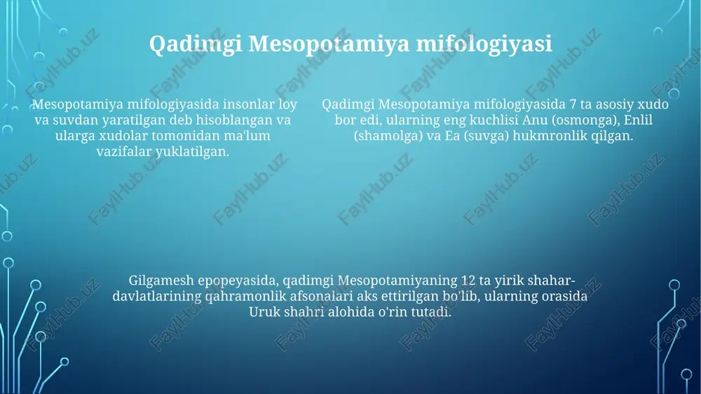 bilalarning afsonalarida dunyoning 4 ta tomoni 4 ta katta hayvon – ayiq, burgut, ilon va maral tomonidan himoyalanganligi haqida hikoya qilinadi. celtic mifologiyasi kelt mifologiyasida 3 ta asosiy xudo: dagda (bosh xudo), lug (urush xudosi) va nuada (shoh) mavjud bo'lib, ularning har biri o'ziga xos kuch va vazifalarga ega edi. kelt qabilalarining 12 ta asosiy qabilasi o'zlarining himoyachilari, ramzlari va sehrli marosimlari bilan ajralib turar edi, bu esa ularning o'ziga xos mifologik tizimini shakllantirdi. kelt miflarida dunyo uch qavatdan – yer osti, yer usti va osmon – iborat bo'lib, har bir qavat o'ziga xos sehrli mavjudotlar va sehr-jodu bilan bog'liq edi. dunyo xalqlarining miflari: kirish miflar kosmologiya, yaratilish, qahramonlik, tabiat hodisalari kabi turli mavzularda 20 ga yaqin asosiy arxitiplarni o'zida mujassamlashtiradi va ularning semantik va strukturaviy tahlili muhimdir. dunyo xalqlarining miflari insoniyat tarixining 5000 yildan ortiq davom etgan boy merosi bo'lib, ularning 3000 dan ortiq turlari mavjudligi taxmin qilinmoqda. mifologiya …