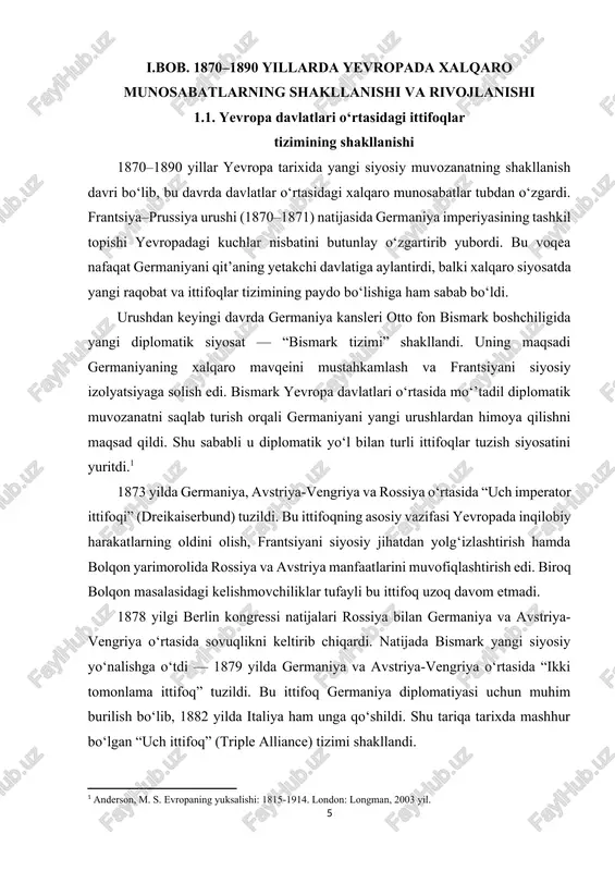 iplomatiyasi keyingi davrda yuz bergan global siyosiy ziddiyatlarning, xususan birinchi jahon urushining asosiy ildizlarini tashkil etdi. 1870–1890 yillarda yevropada vujudga kelgan ittifoqlar tizimi o‘z davrining eng murakkab siyosiy konstruktsiyasi bo‘lib, u kuchlar muvozanatini saqlashga qaratilgan bo‘lsa-da, amalda davlatlar o‘rtasidagi ishonchsizlik va harbiy raqobatni kuchaytirdi. aynan shu diplomatik tizim keyinchalik 1914 yilda portlagan jahon urushining siyosiy zaminini tayyorlab berdi. franko – prussiya urushi xix asr oxiridagi xalqaro munosabatlar va diplomatiya tarixida yangi sahifani ochdi. yevropaning siyosiy xaritasida kuchli harbiy va sanoat imkoniyatiga ega bo‘lgan qudratli germaniya imperiyasi paydo bo‘ldi. franko – prussiya urushining muhim xalqaro natijasi – bu italiyaning birlashish jarayonini tugutilishi edi. ushbu yangi buyuk davlat fransiyaning o‘rta yer dengizi havzasidagi raqibiga aylandi. o‘z navbatida avstro-vengriya avstro – prussiya urushidagi mag‘lubiyati uchun o‘ch olishdan voz kechib germaniya bilan yaqinlashishga xulosa qildi. germaniya iqtisodiy qudratining keskin kuchayishi va uning kolonial talonchilik arenasiga chiqishi anglo va germaniya o‘rtasidagi ziddiyatlarni yanada keskinlashuviga olib …