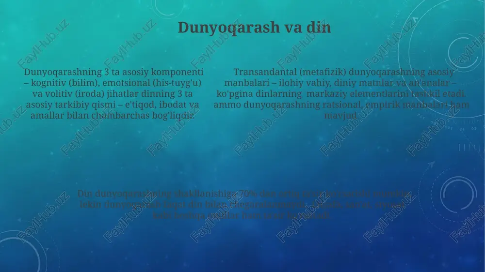ta asosiy epistemologik kategoriyani – ontologiya, gnoseologiya va aksiologiya – o'z ichiga olib, ular orqali 100 dan ortiq bilimlarni tizimli tarzda birlashtiradi. dunyoqarashning funksiyasi sifatida bilimlarni tizimlashtirish, kognitiv jarayonlarning 2 bosqichini – sezgi va tafakkurni birlashtirib, individual va ijtimoiy tajribani umumlashtiradi. dunyoqarashning funksiyasi sifatida bilimlarni tizimlashtirish, kognitiv jarayonlarning 2 bosqichini – sezgi va tafakkurni birlashtirib, individual va ijtimoiy tajribani umumlashtiradi. aksiologik asoslar va dunyoqarash aksiologik asoslar dunyoqarashning 3 ta asosiy tarkibiy qismlaridan biri bo'lib, 1. qadriyatlar tizimi, 2. maqsadlar va 3. idealarning o'zaro bog'liqligidan iborat. dunyoqarashning shakllanishida aksiologik asoslarning 70% dan ortig'i ijtimoiy-madaniy muhit va 30% genetik omillar bilan belgilanadi. insonning dunyoqarashi uning axloqiy-axloqiy tamoyillarini, 5 ta asosiy axloqiy qoida va 2 ta umuminsoniy qadriyatlarga bo'lgan munosabatini aks ettiradi. ontologik asoslar va dunyoqarash ontologik asoslar dunyoqarashning 3 ta asosiy elementi – haqiqat, mavjudot va bilimga bo'lgan yondashuvni shakllantiradi va bular insonning borliqni anglashiga ta'sir ko'rsatadi. ontologik asoslar dunyoqarashning epistemologik asoslari …