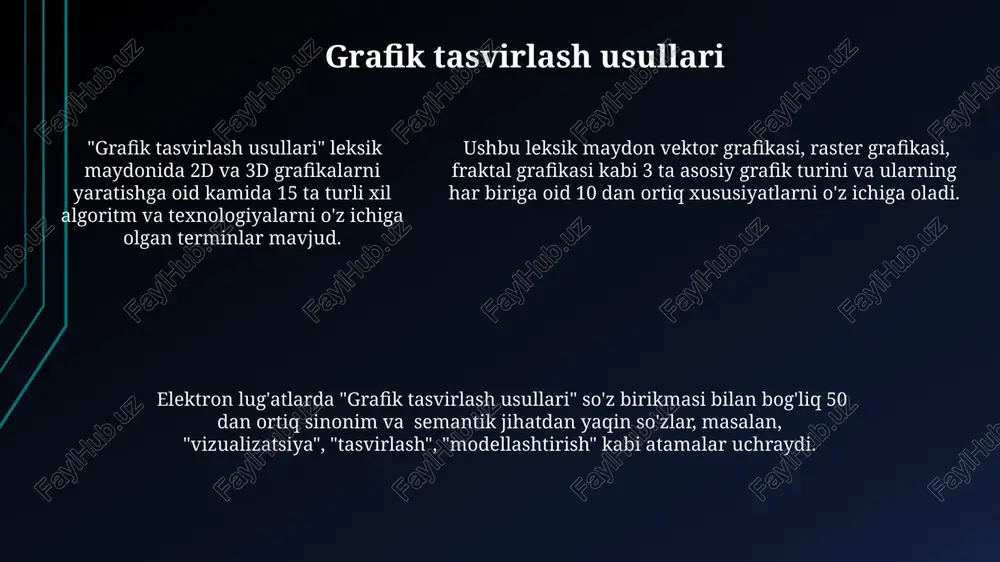 lug'at tuzilishiga, ya'ni uning ma'lumotlar bazasining kattaligiga va so'zlarni guruhlash algoritmiga bog'liq bo'lib, o'rtacha 15-25 leksik birlikni o'z ichiga olishi mumkin. leksik maydonning hajmi va tarkibi elektron lug'at tuzilishiga, ya'ni uning ma'lumotlar bazasining kattaligiga va so'zlarni guruhlash algoritmiga bog'liq bo'lib, o'rtacha 15-25 leksik birlikni o'z ichiga olishi mumkin. elektron lug'atlarning imkoniyatlari va cheklashlari elektron lug'atlar, masalan, 50 000 dan ortiq so'z va iboralarni o'z ichiga olishi mumkin bo'lsa-da, sinonimlar va antonimlarni to'liq qamrab olishda cheklangan. ba'zi elektron lug'atlar lemmatizasiya va stemming kabi morfologik tahlil vositalariga ega bo'lib, lekin bu funksiyalar har doim ham aniq va samarali ishlamaydi. katta hajmdagi korpus ma'lumotlariga asoslangan elektron lug'atlar statistik ma'lumotlarni, masalan, so'z chastotalarini taqdim eta oladi, biroq kontekstual ma'lumotlar yetarli darajada bo'lmasligi mumkin. sinxron va diaxronik tahlil sinxron tahlil lexema bilan bog'liq bo'lgan 10-15 ta sinonim, antonim va boshqa yaqin ma'noli so'zlarni aniqlash va ular orasidagi semantik munosabatlarni tahlil qilish imkonini beradi. diaxronik tahlil …