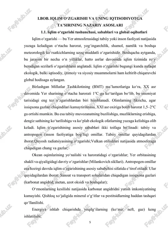 t taqchilligi, migratsiya, bandlik darajasining pasayishi va aholining sog‘lig‘iga salbiy ta’sirlar. shunday qilib, iqlim o‘zgarishi bugungi kunda butun dunyo miqyosida iqtisodiy xavfsizlik, barqaror rivojlanish va inson farovonligiga tahdid soluvchi eng dolzarb muammolardan biridir. ushbu jarayonning salbiy oqibatlarini kamaytirish uchun xalqaro hamjamiyat tomonidan parij kelishuvi (2015-yil), kioto protokoli (1997-yil) kabi global shartnomalar imzolangan bo‘lib, ularning maqsadi issiqxona gazlari chiqindilarini kamaytirish va iqlim barqarorligini saqlab qolishdan iborat. iqlim oʻzgarishi (shuningdek, global isish) – butun dunyodagi oʻrtacha haroratning davomli oʻsishi va uning yer iqlimiga oʻtkazadigan taʼsiri. global haroratning hozirgi davrdagi koʻtarilishi inson faoliyati, xususan, sanoat inqilobidan beri qazib olinayotgan yoqilgʻining yoqilishi bilan bogʻliq[3][4][5][6][7]. qazib olingan yoqilgʻidan foydalanish, oʻrmonlarni kesish va baʼzi qishloq xoʻjaligi va sanoat amaliyotlari iqlim oʻzgarishiga sabab boʻluvchi issiqxona gazlarini chiqaradi[8]. global isishda asosiy rol oʻynayotgan issiqxona gazi boʻlmish karbonat angidrid millionlab yillar davomida kuzatilmagan darajada, taxminan, 50%ga oʻsdi[9]. iqlim oʻzgarishi atrof-muhitga tobora katta taʼsir koʻrsatmoqda. xususan, choʻllar kengaymoqda, issiq toʻlqinlar …