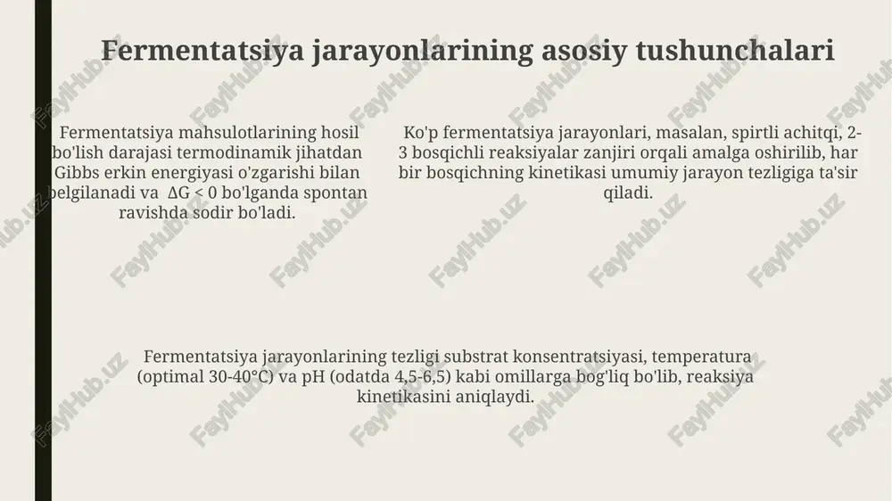 an ifodalaydi. gomogen fermenterlarni modellashtirishda massa balansi tenglamalari va reaksiya kinetikasi tenglamalarini birgalikda ishlatiladi, bu jarayonning 90% gacha aniqlik bilan simulyatsiyasi imkonini beradi. fermentatsiya jarayonining murakkabligini hisobga olgan holda, stochastic modellashtirish usullari, masalan, gibbs energiyasi o'zgarishini (δg) hisobga olgan holda, jarayonning samaradorligini 5-10% ga oshirishga yordam beradi. e'tiboringiz uchun rahmat @taqdimot_robot