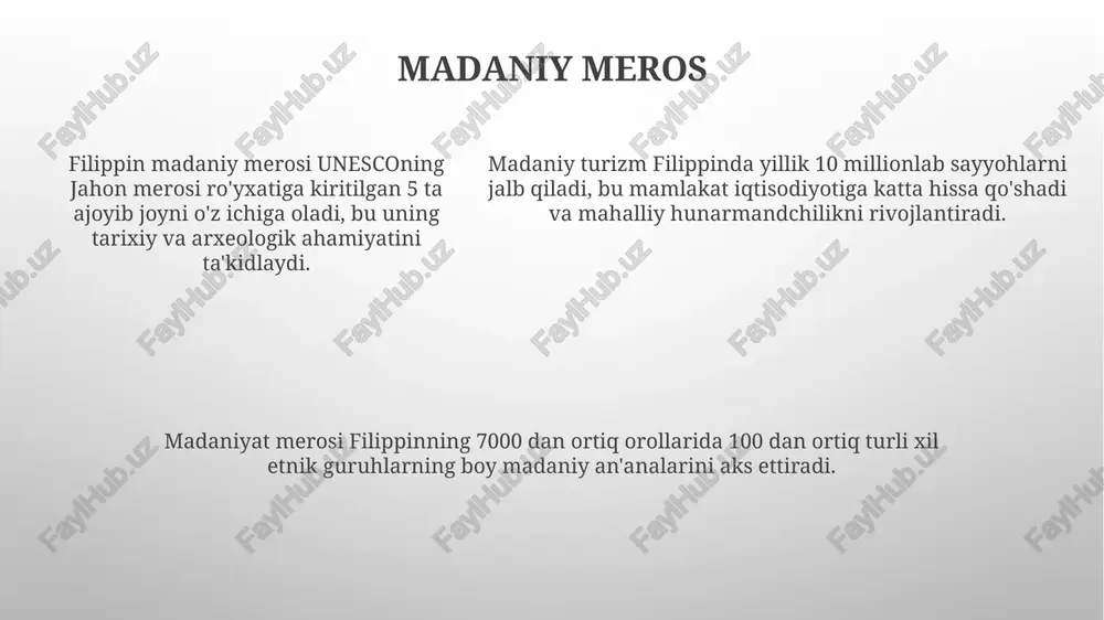 masalan, ba'zi orollarga faqat qayiqda borish mumkin. mamlakatning yirik shaharlarida zamonaviy transport tizimi mavjud bo'lsa-da, qishloq joylarida yo'l infratuzilmasi yetarlicha rivojlanmagan, bu esa sayyohlik joylariga yetib borishni qiyinlashtiradi. masalan, ba'zi orollarga faqat qayiqda borish mumkin. festival va tadbirlar filippinning turli mintaqalarida o'tkaziladigan mahalliy festivallar, masalan, panagbenga gul festivali (baguio shahri) turizmni diversifikatsiya qilishga va noyob madaniy tajribalarni taklif qilishga yordam beradi. sinulog festivali (sebu shahri) kabi yirik tadbirlar yuz minglab sayyohlarni jalb qilib, milliy iqtisodiyotga sezilarli hissa qo'shadi va mamlakatning turizm imkoniyatlarini namoyish etadi. filippinda yiliga 100 dan ortiq rang-barang festivallar va tadbirlar o'tkazilib, ular milliy madaniyat va an'analarni aks ettiradi, shu jumladan, diniy marosimlar va qishloq xo'jaligi bayramlari ham kiradi. sohil bo'ylari va orollar mamlakatning 7000 dan ortiq orollaridan 2000 dan ortig'i yashashga yaroqli hisoblanadi, bu esa har xil turizm imkoniyatlarini, masalan, plyaj dam olishidan tortib, ekoturizmga qadar taqdim etadi. filippinning sohil bo'ylari dunyoning eng uzun sohil chiziqlaridan birini …