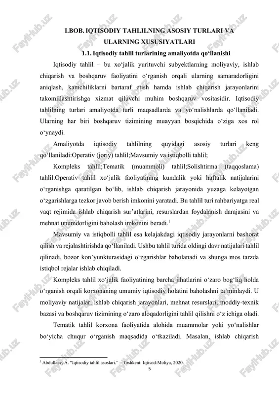iqlashga hamda ushbu fanning istiqbolda yanada takomillashtirish uchun keng imkoniyat ochib beradi. tahlilning barcha turlari o`z belgilariga qarab ma'lum guruhlarga umumlashtiriladi. bunday guruhlashgan belgilarga quyidagilarni kiritish mumkin: tahlilning vazifalari, uni o`tkazish muddati, qabul qilinadigan qarorlarning xarakteri, korxonalar faoliyatini o`rganishning asosiy tomonlari, rezervlarni aniqlash usullari, o`rganiladigan ob’yekt, tahlil qiluvchi sub'ekt, o`rganiladigan hodisalarning ko`lami, axborotlarni qayta ishlash usullari kabilar. barcha turdagi tahlilning turlari ularning bajargan vazifalariga qarab quyidagi guruhlarga umumlashtiriladi: biznes-rejaning tig`izligi va asoslanganligini baholash va uning bajarilishini nazorat qilish, erishiladigan natijalarni bashorat qilish, ya'ni: oldindan aytib berish, erishilgan natijalarga ob’yektiv baho berish va shu maqsadda korxona faoliyatiga bog`liq va bog`liq bo`lmagan sabablarni aniq belgilash, ichki xo`jalik hisobi yakunini o`tkazish, rezervlarni aniqlash va ularni ishlab chiqarishga jalb etish, kelgusida rejalashtirish uchun asos (baza)ni aniqlash, optimal boshqaruv qarorlarini qabul qilish uchun tahliliy variantlarni tayyorlash. korxonalarning amaliy faoliyatida asosan joriy tahlil o`tkazish usuli to`la ishlab chiqilgan. joriy tahlil korxonalarning xo`jalik faoliyatini tahlil qilishda rasmiy …