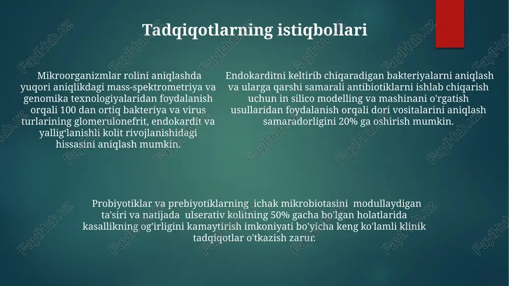 staphylococcus aureus bakteriyalari 80% dan ortiq holatlarda uchraydi, shu bilan birga streptococcus viridans va enterococcus spp. kabi boshqa bakteriyalar ham muhim rol o'ynaydi. ko'plab turdagi qo'ziqorinlar, masalan, candida albicans va aspergillus spp., immuniteti zaiflashgan bemorlarda endokarditni keltirib chiqarishi mumkin, bu esa kasallikning o'lim darajasini 40% gacha oshirishi mumkin. yuqumli endokarditning rivojlanishida bakteriyalar yoki qo'ziqorinlarning qon oqimiga tushishi va yurak klapanlariga yopishishi, 2-3 hafta davomida biofilmlar hosil qilishi muhim ahamiyatga ega. virusli glomerulonefrit virusli glomerulonefrit ko'pincha streptokokk infektsiyasidan keyin, taxminan 1-3 hafta o'tgach, rivojlanadi va buyrak glomerulalariga immun komplekslarning cho'kishi bilan bog'liq. taxminan 90% virusli glomerulonefrit hollari o'z-o'zidan tuzalib ketadi, ammo ba'zi bemorlarda buyrak yetishmovchiligiga olib kelishi mumkin. taxminan 90% virusli glomerulonefrit hollari o'z-o'zidan tuzalib ketadi, ammo ba'zi bemorlarda buyrak yetishmovchiligiga olib kelishi mumkin. zambarli glomerulonefrit kasallikning kechishida 1-3 hafta davom etadigan gematuriya, proteinuriya va arterial gipertenziya kabi klinik belgilar kuzatiladi. zambarli glomerulonefritda, o'tkir infektsion jarayondan keyin, taxminan 1-2 haftadan so'ng, …