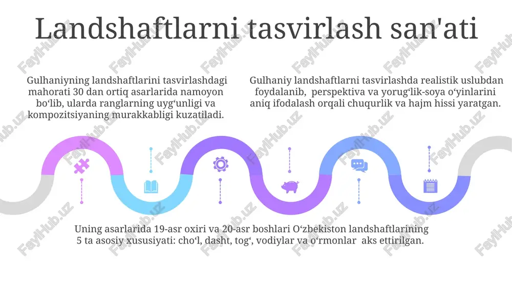 foydalanilganligi kuzatiladi. natyurmortlardagi tafsilotlar uning asarlaridagi har bir obʼyektning, masalan, olma yoki uzumning, hajm va shaklini aniq ifodalash uchun chiaroscuro texnikasidan mahoratli foydalanishi, 2-3 qatlamli boʻyoq surtish orqali amalga oshiriladi. natyurmortlardagi mayda tafsilotlarga, jumladan, yogʻoch stol ustidagi kamida 10 ta burmalar va toʻqimalarining aniqligi, realizmga intilishini koʻrsatadi. gulhanining natyurmortlaridagi tafsilotlarga boʻlgan eʼtibori, ayniqsa, 17-asr uslubidagi ranglar palitrasidan foydalanishi va 30 dan ortiq turdagi mevalarni realistik tasvirlash mahoratida yaqqol koʻrinadi. gulhaniyning dastlabki yillari gulhaniyning dastlabki asarlari, taxminan 12 yoshida yaratilgan, sodda geometrik naqshlarga asoslangan kichik hajmli kulolchilik buyumlari bo'lgan. yoshligidan qoʻl mehnatiga moyil boʻlgan gulhaniy 10 yoshida, ota-onasining qoʻllab-quvvatlashi bilan, xalq amaliy san'ati ustaxonasiga qatnay boshlagan. gulhaniylar oilasining 5 nafar farzandi orasida gulhaniy 3-boʻlib tugʻilgan va dastlabki ta'limni mahalliy maktabda, 7 yoshida olgan. yorug'lik va soyani qo'llash mahorati uning asarlarida yorugʻlik manbalarining aniq joylashuvi va shu sababli hosil boʻlgan soyalarning geometriyasi kompozitsiyaning chuqurligini va hajmli tasvirlarni yaratishda muhim rol oʻynaydi. gulhanining …