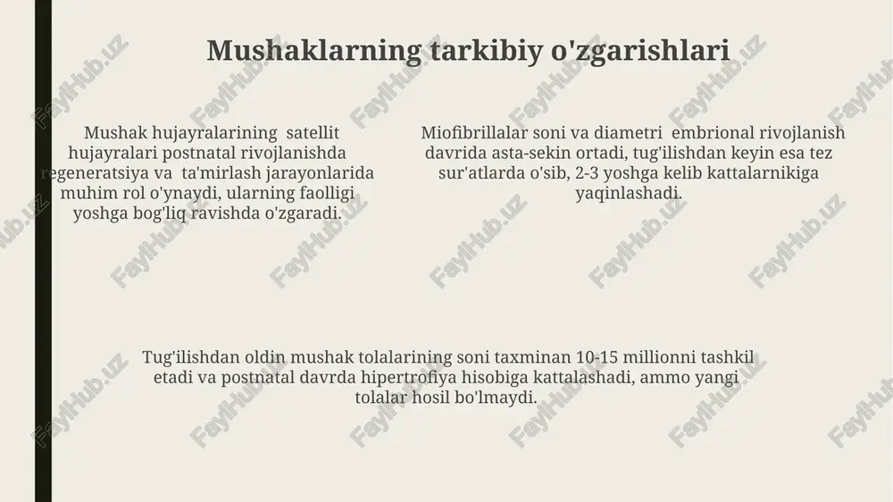 atal bosqichi mushak tolalari mioblastlardan hosil bo'lib, prenatal rivojlanishning 4-haftasidan boshlab differensiatsiya jarayoni boshlanadi va taxminan 15 haftaga kelib asosiy mushak guruhlari shakllanadi. skelet mushaklarining prenatal rivojlanishida aktin va miozin oqsillarining ekspressiyasi muhim rol o'ynaydi, bu jarayon 7-8 haftadan boshlanib, tug'ilishgacha davom etadi. skelet mushaklarining prenatal rivojlanishida aktin va miozin oqsillarining ekspressiyasi muhim rol o'ynaydi, bu jarayon 7-8 haftadan boshlanib, tug'ilishgacha davom etadi. kasalliklar va buzilishlar tug'ma miyopatiyalar, taxminan 5000 tug'ilishdan 1 tasini tashkil etadi, mushaklarning rivojlanishi va funktsiyasining buzilishi bilan tavsiflanadi, bu esa harakatlanish qobiliyatining cheklanganligiga olib keladi. spina bifida, umurtqa pog'onasining rivojlanishidagi nuqson, taxminan 1000 tug'ilishdan 2 tasida kuzatiladi va postnatal davrda skelet mushaklarining parezi yoki falajiga olib kelishi mumkin. mushak distrofiyasi, 1:10 000 chaqaloqlarda uchraydigan irsiy kasallik, embrional rivojlanish davrida mushak tolalarining degeneratsiyasi va atrofiyasi bilan tavsiflanadi, bu esa tug'ma zaiflikka olib keladi. jinsiy dimorfizm jinsiy dimorfizm natijasida erkaklarda yuqori kuch talab qiluvchi harakatlarni bajarishga imkon beruvchi …