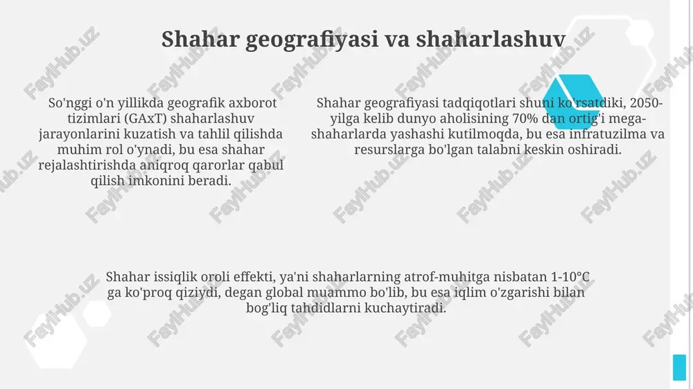 niqligi bir necha santimetrgacha kamaydi va bu, masalan, avtonom haydovchilar va aniq qishloq xo'jaligi kabi sohalarda keng qo'llanilishini ta'minlaydi. gnss signalining uzatilishi va qabul qilinishiga atmosfera ta'siri, ionosfera va troposfera ta'sirlari kabi omillar ta'sir qiladi va bu aniqlikka 1-10 metrgacha ta'sir ko'rsatishi mumkin. global navigatsiya sun'iy yo'ldoshlari tizimi (gnss) 24 dan ortiq sun'iy yo'ldoshlardan iborat bo'lib, yer yuzasining 99% qismini qamrab oladi va har qanday ob-havo sharoitida yuqori aniqlikdagi koordinatalarni aniqlash imkonini beradi. siyosiy geografiya va geosiyosat siyosiy geografiya davlatlararo munosabatlarni tahlil qilishda 3 ta asosiy omilni – hududiy yaqinlikni, resurslar taqsimotini va demografik ko'rsatkichlarni hisobga oladi. geosiyosatning asosiy maqsadi, global miqyosda 5 ta yirik davlatning geostrategik pozitsiyalarini va ularning harakatlarining oqibatlarini o'rganishdir. geosiyosatning asosiy maqsadi, global miqyosda 5 ta yirik davlatning geostrategik pozitsiyalarini va ularning harakatlarining oqibatlarini o'rganishdir. muhit monitoringi va modellashtirish muhit modellashtirishda, iqlim o'zgarishi ta'sirida 2050 yilga kelib orol dengizi suv sathi 15% ga kamayishi prognoz qilinmoqda, …