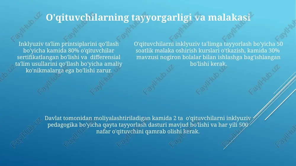 ning ta'lim olish huquqini himoya qiladi va inklyuziv ta'lim tamoyillarini qo'llab-quvvatlaydi. inklyuziv ta'lim va millatlararo hamkorlik inklyuziv ta'limga oid xalqaro standartlar, masalan, unesconing "ta'lim uchun 2030" kun tartibi, o'quv dasturlarini diversifikatsiya qilish va kamida 10 ta turli xil o'quv usullarini qo'llashni tavsiya etadi. inklyuziv ta'limni qo'llab-quvvatlash bo'yicha xalqaro hamkorlik shartnomalari, masalan, bmtning bolalar huquqlari konvensiyasi (uncrc) 28-moddasi, kamida 190 davlat tomonidan ratifikatsiya qilingan. millatlararo grantlar va texnik yordam dasturlari orqali 2023 yilda inklyuziv ta'limni rivojlantirishga 50 million dollar dan ortiq mablag' sarflandi, bu ta'lim muassasalari va o'qituvchilarni tayyorlashga yo'naltirilgan. inklyuziv ta'limni amalga oshirishdagi qiyinchiliklar inklyuziv ta'limni amalga oshirishda, ayniqsa, cheklangan resurslarga ega bo'lgan qishloq hududlarida, 10 dan ortiq o'quvchiga mo'ljallangan maxsus ta'lim xizmatlarining yetishmasligi katta to'siqdir. inklyuziv ta'limni joriy etishda, o'qituvchilarning malakasini oshirish va ularni inklyuziv pedagogika usullariga o'qitish bo'yicha 50% dan kam qamrov mavjudligi samaradorlikni pasaytiradi. inklyuziv ta'limni joriy etishda, o'qituvchilarning malakasini oshirish va ularni inklyuziv pedagogika usullariga o'qitish …