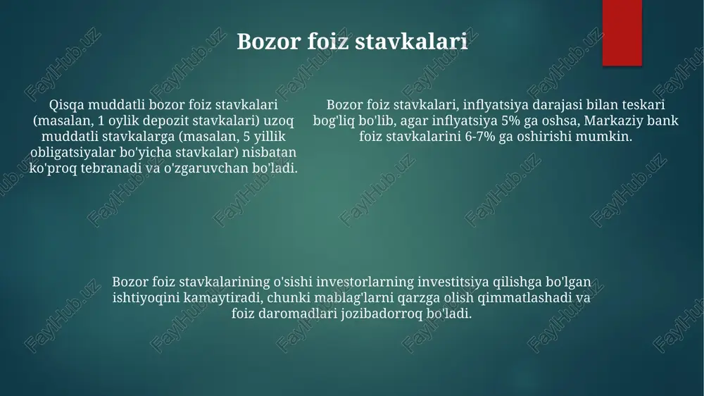 foiz stavkasi va 3% inflyatsiya darajasida real foiz stavkasi 2% bo'ladi. real foiz stavkasi inflyatsiya darajasidan kelib chiqib hisoblanib, investitsiya qarorlariga katta ta'sir ko'rsatadi. masalan, 5% nominal foiz stavkasi va 3% inflyatsiya darajasida real foiz stavkasi 2% bo'ladi. davlatning investitsiya siyosati investitsiya siyosatining samaradorligini oshirish maqsadida, davlat tomonidan 10 milliard aqsh dollari miqdorida grantlar va imtiyozli kreditlar ajratilishi rejalashtirilgan, bu kichik va o'rta biznesni qo'llab-quvvatlashga yo'naltirilgan. davlat-xususiy sheriklik (dxs) modeli orqali amalga oshirilayotgan investitsion loyihalar soni oxirgi 5 yilda 30% ga o'sgan, bu esa infratuzilmani rivojlantirishga ijobiy ta'sir ko'rsatmoqda. davlatning investitsiya siyosati 2025-yilgacha yalpi ichki mahsulotga investitsiyalar hajmini 25% ga oshirishni maqsad qilgan bo'lib, bu iqtisodiy o'sish sur’atlarini 7% gacha tezlashtirishga qaratilgan. iqtisodiy o'sish sur'ati yuqori iqtisodiy o'sish sur'ati (masalan, 7% dan yuqori) ishsizlik darajasining pasayishiga, ya'ni kamida 2% ga kamayishiga va turmush darajasining yaxshilanishiga olib kelishi mumkin. iqtisodiy o'sish sur'ati yalpi ichki mahsulot (yaim)ning o'sish darajasini aks ettiradi va …