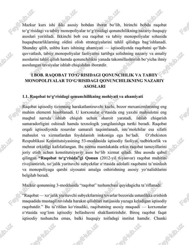 sog‘lom iqtisodiy bellashuvni shakllantirishdir. biroq raqobat faqat iqtisodiy tushuncha emas, balki huquqiy toifadagi institut hamdir. chunki raqobatning erkin amalga oshirilishi uchun davlat tomonidan aniq me’yoriy-huquqiy kafolatlar yaratilishi lozim. raqobatni tartibga solishning huquqiy mexanizmi quyidagi asosiy yo‘nalishlarni o‘z ichiga oladi: · bozorda ustun mavqeni suiiste’mol qilishning oldini olish; · xo‘jalik yurituvchi subyektlarning kelishilgan harakatlariga qarshi choralar ko‘rish; · raqobatni cheklovchi davlat organlari qarorlarini bekor qilish; · iste’molchilar manfaatlarini himoya qilish; · raqobat muhitini qo‘llab-quvvatlash va rivojlantirish bo‘yicha davlat siyosatini yuritish. o‘zbekiston respublikasi prezidentining 2019-yil 3-apreldagi pf–5690-son farmoni bilan “raqobatni rivojlantirish va monopoliyaga qarshi kurashish qo‘mitasi” tashkil etildi. ushbu qo‘mita raqobatni himoya qilish, tovar bozorlari tahlilini olib borish, narx belgilash jarayonlarini monitoring qilish hamda monopollashuv xavfini aniqlash vazifalarini bajaradi. bu organ mamlakatda iqtisodiy adolat va shaffoflikni ta’minlashda muhim rol o‘ynaydi. raqobat to‘g‘risidagi qonunchilikning ahamiyati, avvalo, quyidagi uch yo‘nalishda namoyon bo‘ladi: 1. iqtisodiy ahamiyati. raqobat ishlab chiqarish samaradorligini oshiradi, korxonalarni innovatsion texnologiyalarni joriy …