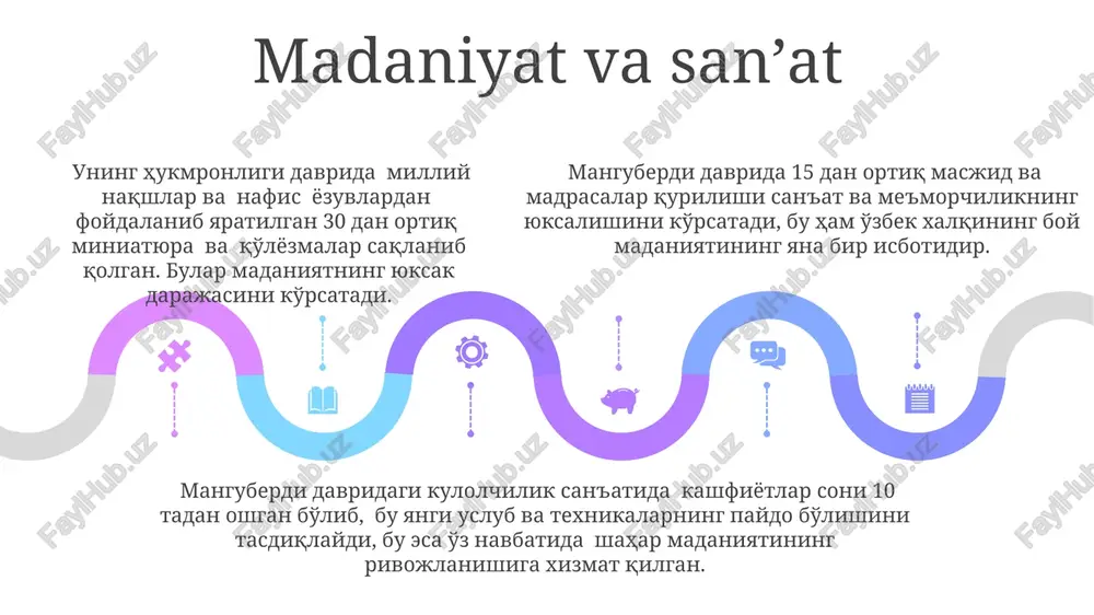 idagi oilaviy tuzilish patriarxal bo'lib, ko'p xotinlilik va poligamiya kabi ijtimoiy hodisalar kuzatilgan. shaharlarda ustaxonalar, bozorlar rivojlanib, hunarmandchilikning 50 dan ortiq turi mavjud bo'lgan, bu esa ijtimoiy tabaqalanishga olib kelgan. shaharlarda ustaxonalar, bozorlar rivojlanib, hunarmandchilikning 50 dan ortiq turi mavjud bo'lgan, bu esa ijtimoiy tabaqalanishga olib kelgan. manguberdi va qoʻshni davlatlar manguberdining hukmronligi davrida xorazm bilan diplomatik aloqalar murakkab bo'lib, taxminan 20 yil davom etgan turli darajadagi janglar va kelishuvlar bilan tavsiflangan. manguberdi davrida movarounnahr hukmronligining shimoliy chegarasi sirdaryo bo'ylab o'tgan bo'lib, 13-asrning o'rtalarida o'zbek xanliklari bilan chegaradosh bo'lgan. jaloliddin manguberdining davlat siyosatida afg'on va eron davlatlari bilan munosabatlarni mustahkamlashga 3 dan ortiq harbiy kampaniyalar baxshida etilgan. manguberdi va xalq manguberdi davridagi soliq tizimidagi islohotlar xalqning turmush darajasini yaxshilashga xizmat qilgan, bu 10% gacha soliq stavkasining pasayishida ko'zga tashlanadi. manguberdining xalq bilan munosabatlarida adolat va tenglikka alohida e'tibor berilgan, bu uning 15 yillik hukmronligi davridagi 20 dan ortiq qonunlarda aks …