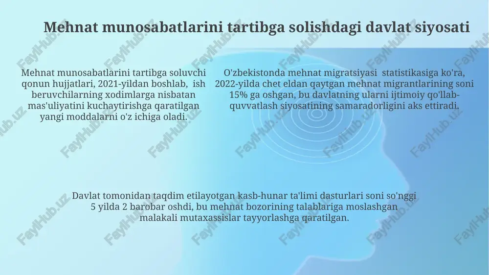 aratilgan. innovatsiyalar va ijtimoiy soha "raqamli iqtisodiyot" kontseptsiyasi doirasida, innovatsion startaplarni qo'llab-quvvatlash uchun 2024 yilgacha 50 million dollar miqdorida grant ajratish mo'ljallangan. ijtimoiy tarmoqlardagi innovatsion platformalar orqali aholining 80% ishtirokida onlayn-davlat xizmatlari ko'lamini kengaytirish rejalashtirilgan. ijtimoiy tarmoqlardagi innovatsion platformalar orqali aholining 80% ishtirokida onlayn-davlat xizmatlari ko'lamini kengaytirish rejalashtirilgan. kambag'allikni kamaytirishga qaratilgan davlat siyosati 2022-yildagi davlat byudjetidan kambag'allikni kamaytirishga yo'naltirilgan mablag'larning 15% dan ortig'i ijtimoiy himoya dasturlariga sarflangan. kambag'allik darajasini 10% ga pasaytirish bo'yicha hukumatning milliy strategiyasida aholining bandligini oshirishga alohida e'tibor qaratilgan. qishloq joylardagi kambag'al oilalarga 50 dan ortiq fermer xo'jaliklari tomonidan subsidiyalar va grantlar ajratilgan, bu esa ularning daromadlarini oshirishga yordam bergan. e'tiboringiz uchun rahmat @taqdimot_robot image1.png