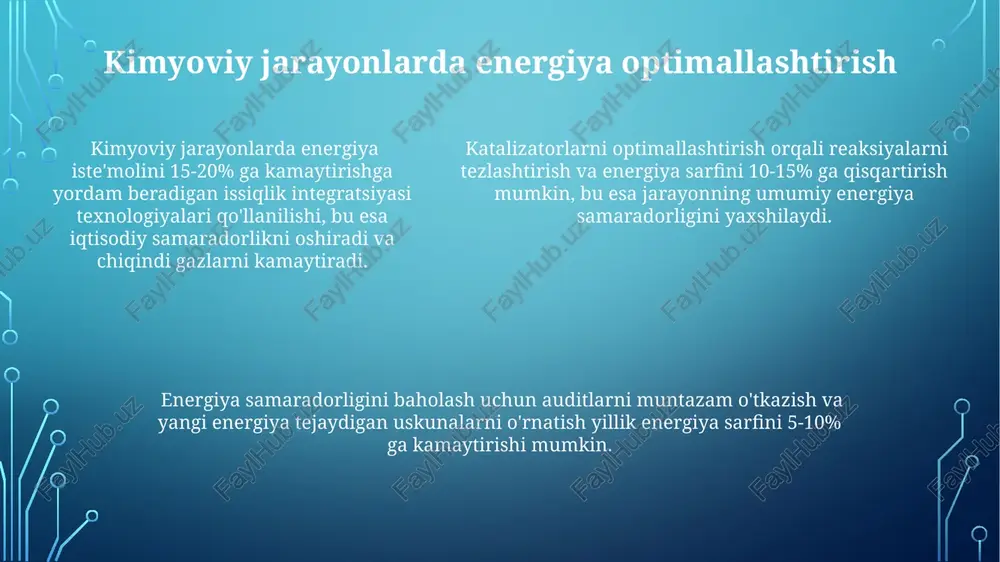 tejamkorlikni ta'minlaydi. energiya auditi natijalariga ko'ra, korxonadagi 5-10 ta asosiy energiya iste'molchilari aniqlanib, ulardagi yo'qotishlarni kamaytirish uchun aniq chora-tadbirlar belgilab olinadi. energiya auditi natijalariga ko'ra, korxonadagi 5-10 ta asosiy energiya iste'molchilari aniqlanib, ulardagi yo'qotishlarni kamaytirish uchun aniq chora-tadbirlar belgilab olinadi. elektr energiyasidan foydalanish kimyo sanoatida elektr energiyasining 30% dan ortig'i elektroliz jarayonlarida, masalan, alyuminiy va xlor ishlab chiqarishda ishlatiladi. elektr dvigatellari yordamida ishlaydigan nasoslar va kompressorlar kimyoviy zavodlarda umumiy energiya iste'molining 25% ni tashkil qiladi, bu esa energiya tejash dasturlarining muhim yo'nalishidir. yuqori haroratli pechlar va reaktorlarni boshqarish uchun elektr energiyasidan foydalanish energiya samaradorligini 15-20% ga oshirishga yordam beradi. xavfsizlik va muhofaza choralari zararli moddalar bilan ishlashda shaxsiy himoya vositalaridan (shv), xususan, himoya kostyumlaridan, respiratorlardan va 3-toifa himoya ko'zoynaklaridan foydalanish majburiydir. ish joylarida havoni monitoring qilish uchun gaz analizatorlari yordamida kamida har 4 soatda bir marta havo tarkibini 10 ta parametr bo'yicha tekshirish zarur. kimyo sanoati korxonalarida yong'in xavfsizligi uchun …