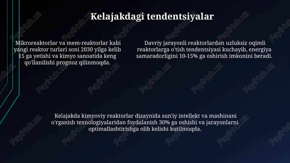 malari, reaksiya apparatida moddalarning kirish va chiqish oqimlari orasidagi farqni, ya’ni 1-komponent uchun 10 kg/soat kirishi va 5 kg/soat chiqishi bilan 5 kg/soat reaksiyada ishtirok etishini ko'rsatadi. partiyali reaktorlar qisman aralashuvchi reaktorlarning ishlashi, ideal aralashuvchi va ideal siljish reaktorlari orasidagi oraliq holatni ifodalaydi; ularning samaradorligi 0 dan 1 gacha bo'lgan aralashuv koeffitsienti bilan belgilanadi. qisman aralashuvchi reaktorlarda reaksiya darajasi 0,5 dan 1,0 gacha o'zgarib turadi va bu aralashish darajasiga bog'liq. reaksiya tezligi o'rtacha kontsentratsiyalarga bog'liq. qisman aralashuvchi reaktorlarda reaksiya darajasi 0,5 dan 1,0 gacha o'zgarib turadi va bu aralashish darajasiga bog'liq. reaksiya tezligi o'rtacha kontsentratsiyalarga bog'liq. membranali reaktorlar membranali reaktorlarda reaksiya tezligi, membrananing gözenekli tuzilishi va qalinligiga, shuningdek, reaktantlarning diffuziya koeffitsiyentlariga bog'liq bo'lib, 10-100 µm oralig'ida o'zgarishi mumkin. ba'zi membranali reaktorlarda reaksiya selektivligini oshirish uchun ikki yoki undan ortiq membranalardan foydalaniladi, bu esa 90% dan yuqori konversiyani ta'minlaydi. membranali reaktorlarning samaradorligi, masalan, 0,1-10 m²/m³ oralig'ida o'zgaradigan o'ziga xos sirt maydoniga …