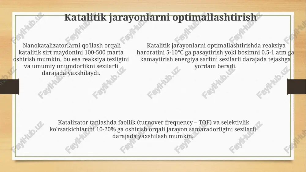 orlarning zaharliligi tufayli, ularni ishlab chiqarish va utilizatsiya qilishda maxsus himoya vositalari (masalan, respiratorlar, 3-toifa himoya kostyumlar)dan foydalanish shart. katalitik jarayonlarda 90% gacha chiqindilarni kamaytirishga erishish mumkin, bu esa atrof-muhitga ta'sirni sezilarli darajada pasaytiradi va 20-30% energiya tejashga olib keladi. katalitik jarayonlarda 90% gacha chiqindilarni kamaytirishga erishish mumkin, bu esa atrof-muhitga ta'sirni sezilarli darajada pasaytiradi va 20-30% energiya tejashga olib keladi. kimyo sanoatida kataliz metanol sintezi kabi muhim jarayonlarda katalizatorlarning tanlanishi reaksiya selektivligini 85% gacha oshirib, keraksiz yon mahsulotlar hosil bo'lishini kamaytiradi. kimyo sanoatida katalizatorlar yordamida reaksiyalarni 1000 marta tezlashtirish mumkin, bu esa energiya sarfini sezilarli darajada kamaytiradi va mahsulot unumdorligini oshiradi. o'rtacha katalitik konvertor avtomobil chiqindilaridagi zararli gazlarning 90% dan ko'prog'ini, masalan, co, nox va uglevodorodlarni zararsizlantiradi. kimyoviy texnologik jarayonlardagi kataliz turlari fermentativ kataliz, biologik tizimlarda oqsil katalizatorlari – fermentlar yordamida, 10 6 -10 12 marta tezlashuv bilan, yuqori selektivlikda reaksiyalarni amalga oshiradi. kimyoviy texnologik jarayonlarda gomogen kataliz, reaksiya …