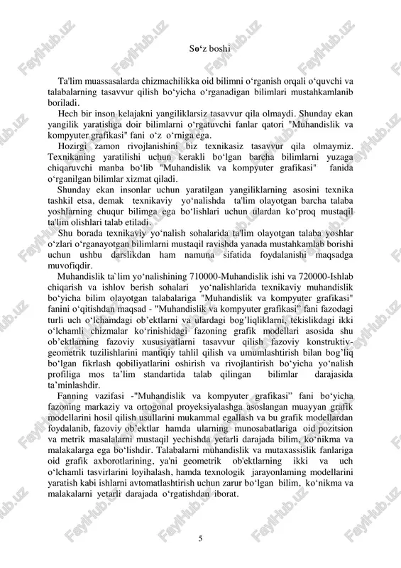 rik masalalarni grafik yo‘l bilan yechish usullari; 3.shakllarning berilgan tekis chizmalari bo‘yicha ularning fazoviy ko‘rinishini va vaziyatini tasavvur qilish hamda ularning yaqqol tasvirlarini yasash usullari; 4.geometrik shakllarning chizmalarini bajarish va o‘qish orqali o‘quvchining fazoviy tasavvurini rivojlantirish usullari. ma’lumki, geometrik shaklning xossalarini analitik va grafik usullarda tekshirish mumkin. figuralarning grafik modeliga asosan ularning analitik usulda berilishini va aksincha, figuralarning analitik ko‘rinishidan ularning chizmalarini yasash usullarini chizma geometriyada ham ko‘rish mumkin. loyihalanadigan buyumlarni faqatgina grafik usulda tasvirlash hozirgi zamon ishlab chiqarishi talablarini qanoatlantirmaydi. shuning uchun chizmalarni bajarishda grafik usullar bilan birgalikda analitik usullardan ham foydalaniladi. 7 keyingi yillarda buyumlarning chizmalarini kompyuter grafikasi vositalari yordamida tayyorlashda avtomatlashtirilgan loyihalash tizimlarining kirib kelishi chizma geometriya fanining rivojlanishtirishda yangicha mazmun kasb etmoqda. proyeksiyalash usullari. muhim geometrik tushunchalardan biri – shakllarni tasvirlashdir. geometrik tasvirlash bu biror bir shaklning nuqtalari bilan ikkinchi biror bir shaklning nuqtalari orasida bir qiymatli moslik o‘rnatishdir. chizma geometriyada uch o‘lchamli r3 fazoning (tekislikning) …