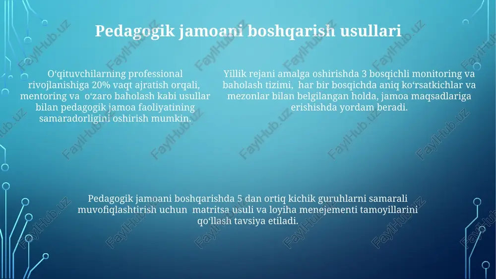 ahbarning kunlik 8 soatlik ish jadvalini samarali boshqarishi va muammolarni hal qilish qobiliyatini oshiradi. muvaffaqiyatli rahbar kamida 3 ta turli yondashuvdan foydalanib, ta'lim jarayonini samarali boshqarish va pedagogik jamoani motivatsiya qilish strategiyasini qo'llay oladi. rahbarning empatiyasi va bolalar bilan muloqot qilish malakasi, ya'ni 5 yoshgacha bo'lgan bolalar psixologiyasini tushunish va ularga moslashish qobiliyati muhim ahamiyatga ega. e'tiboringiz uchun rahmat @taqdimot_robot image1.png image2.png image3.png image4.png image5.png