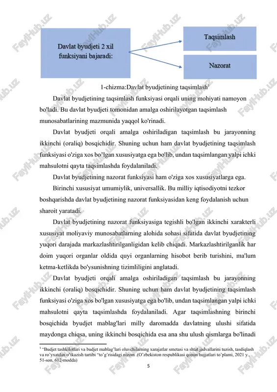 bosqichidir. shuning uchun ham davlat byudjetining taqsimlash funksiyasi o'ziga xos bo'lgan xususiyatga ega bo'lib, undan taqsimlangan yalpi ichki mahsulotni qayta taqsimlashda foydalaniladi. agar taqsimlashning birinchi bosqichida byudjet mablag'lari milly daromadda davlatning ulushi sifatida maydonga chiqsa, uning ikkinchi bosqichida esa ana shu ulush qismlarga bo'linadi va ko'p sonli kanallar orqali turli adbirlarni moliyalashtirishga va fondlarni shakllantirishga yo'naltiriladi. davlat byudjeti bilan iqtisodiyot va jtimoiy sohaning barcha bo'linmalari bevosita yoki bilvosita bog’langandir. davlat byudjetining nazorat funksiyasi ham o ziga xos xususiyatlarga ega. birinchi xususiyat umumiylik, universallik. bu milliy iqtisodiyotni tezkor boshqarishda davlat byudjetining nazorat funksiyasidan keng foydalanish uchun sharoit yaratadi. 2-chizma: byudjet fondini shakllantirishda ikki xil tushunchadan foydalaniladi: davlat byudjetining daromadlari o'z manbalariga ko'ra quyidagi guruhlarga bo'linadi: soliqli daromadlar; soliqsiz daromadlar; tiklanmaydigan (qaytarilmaydigan) tarzda o'tkaziladigan pul mablag'lari; byudjetning soliqli daromadlari tarkibi mamlakat soliq qonunchiligiga muvofiq umumdavlat soliqlari va yig’imlari, mahalliy soliqlar va yig'imlar, bojxona bojlari, boj yig'imlari va boshqa boj to'lovlari, davlat boji, …