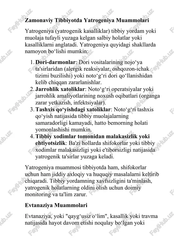 xodimlarning bemorlarga yordam berishdagi eng muhim faoliyatidir. bu faoliyatga quyidagilar kiradi: 1. bemorni tekshirish: klinik faoliyatning boshlang‘ich bosqichi. shifokor bemorning holatini baholaydi, uning shikoyatlari va tarixini yig‘adi. 2. tashxis qo‘yish: bemorning alomatlari asosida to‘g‘ri tashxisni qo‘yish. tashxis qo‘yishda laboratoriya va apparat tekshiruvlari ko‘pincha yordam beradi. 3. davolash usulini belgilash: davolash jarayonida bemorning holatiga mos dori-darmonlar, fizioterapiya, jarrohlik muolajalari va boshqa usullar belgilanishi kerak. tibbiy muassasalari faoliyatini tashkil etish tibbiy muassasalar bemorlarga sifatli xizmat ko‘rsatishda muhim o‘rin tutadi. tibbiy muassasaning muvaffaqiyatli ishlashi quyidagi jihatlarga bog‘liq: 1. rahbariyat va boshqaruv: tibbiy muassasa rahbarlari tomonidan samarali boshqaruv tizimi tashkil etilishi zarur. bu muassasaning resurslarini boshqarish, tibbiy xizmat sifatini nazorat qilish va tibbiy xodimlarni doimiy ravishda malakalashni o‘z ichiga oladi. 2. tibbiy xodimlarning malakasi: shifokorlar va boshqa tibbiy xodimlar o‘zlarining kasbiy bilimlarini yangilab turishlari kerak. tibbiyotdagi yangi yutuqlarni o‘rganish va amaliyotda qo‘llash muhim. 3. bemorlar bilan aloqaning yaxshilanishi: bemorlarning ehtiyojlariga javob berish, shikoyatlarni inobatga …