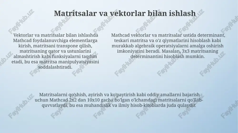 ni yaratish, tenglamalarni echish va murakkab hisob-kitoblarni amalga oshirish imkoniyati mavjud. ushbu dasturda 1000 dan ortiq matematik funksiyalar va operatorlar mavjud bo'lib, ular murakkab muammolarni sodda va samarali hal qilishga yordam beradi, masalan, differentsial tenglamalarni yechish yoki statistik ma'lumotlarni tahlil qilish. ushbu dasturda 1000 dan ortiq matematik funksiyalar va operatorlar mavjud bo'lib, ular murakkab muammolarni sodda va samarali hal qilishga yordam beradi, masalan, differentsial tenglamalarni yechish yoki statistik ma'lumotlarni tahlil qilish. grafiklar va diagrammalar yaratish mathcad 2d va 3d grafiklarni, shu jumladan chiziqli, nuqtaviy, ustunli va sektorli diagrammalarni 1000 ga yaqin nuqta bilan yaratish imkonini beradi. foydalanuvchi grafik parametrlarini, masalan, o'qlarning nomlari, chegaralar, ranglar va shrift o'lchamlarini 20 dan ortiq variantlarda sozlashi mumkin. mathcad grafiklarni yaratishda matematik ifodalarni bevosita qo'llash orqali murakkab funksiyalarni 50 dan ortiq turdagi grafiklarda vizualizatsiya qilishga imkon beradi. funksiyalar va operatorlar mathcad 20 dan ortiq turdagi matematik funksiyalarni, jumladan, trigonometrik, eksponentsial va logarifmik funksiyalarni, shuningdek, matritsa …