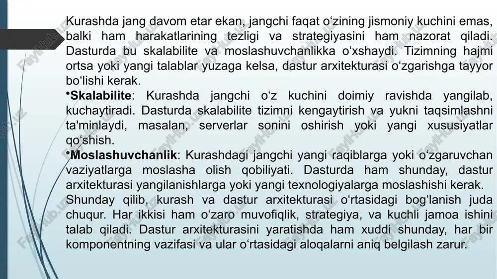 olish uchun kerak. zaxira nusxalari (backups) muntazam ravishda olinib, tizimda bo‘lishi kerak. katta hajmli ma'lumotlarni saqlash (data storage optimization): kurashda sportchi o‘zining kuchini tejashni va zarba berishda maqsadga muvofiq harakat qilishni biladi. shuningdek, tizimdagi saqlash resurslari va ma'lumotlar bazasini optimallashtirish zarur. bu, ma'lumotlarni siqish (compression) va ma'lumotlar bazasining samarali ishlashini ta'minlashga yordam beradi. cloud saqlash (cloud storage): sportchi mashqlarini saqlash va tahlil qilish uchun tizimli yondashuvga ega bo‘lishi kerak. xuddi shunday, tizimdagi ma'lumotlar bulutda saqlanishi mumkin, bu esa saqlash resurslarini kengaytirish va xavfsiz saqlash imkoniyatini yaratadi. bulut texnologiyalari yordamida ma'lumotlar hammasi xavfsiz va osongina saqlanadi. kurashda har bir sportchi o‘z rolini biladi va jamoa bilan birgalikda ishlaydi. xavfsizlik va saqlash strategiyalarini tizimda integratsiyalash aynan shunga o‘xshaydi — xavfsizlik protokollari va saqlash mexanizmlari bir-birini to‘ldirib, tizimning ishonchli ishlashini ta'minlaydi. xavfsizlik va saqlash tizimining muvofiqligi (security and storage synergy): kurashda, raqibning strategiyasiga qarshi kurashish, hamkorlikni ta'minlash va zarbalarni to‘g‘ri vaqtida berish muhim. …