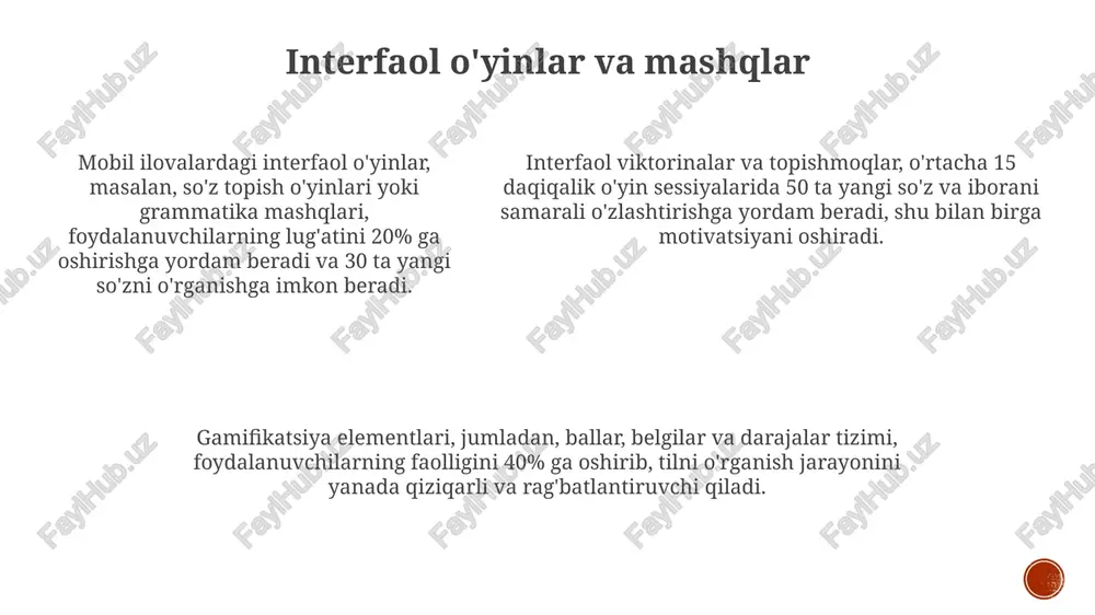 lar, o'rtacha 3-5 ta tilni bir vaqtning o'zida o'rganish imkonini berib, ko'p qirrali va samarali til o'rganish strategiyasini ta'minlaydi. mobil ilovalar orqali til o'rganish, 24/7 kirish imkoniyati va shaxsiylashtirilgan o'quv rejalarini taqdim etib, an'anaviy usullarga nisbatan ancha samaraliroq bo'ladi, shu bilan o'rganish jarayonini tezlashtiradi. interfaol o'yinlar va mashqlardan foydalanish, masalan, 500 dan ortiq so'z va iboralarni o'z ichiga olgan lug'atlar va grammatika darslari, tilni o'rganishni yanada qiziqarli va yoqimli qiladi. mobil ilovalar orqali til o'rgatishning kamchiliklari ba'zi ilovalarning cheklangan lug'at hajmi va grammatik tuzilmalari, murakkab til tuzilmalarini o'rganishda qiyinchiliklar tug'dirib, o'quvchining 5-7% potensialini cheklaydi. mobil ilovalar orqali o'rganishda o'zaro muloqotning yetishmasligi, tilni haqiqiy hayotda qo'llash ko'nikmalarini rivojlantirishda 30% ga yaqin samaradorlikni pasaytiradi. mobil ilovalar orqali o'rganishda o'zaro muloqotning yetishmasligi, tilni haqiqiy hayotda qo'llash ko'nikmalarini rivojlantirishda 30% ga yaqin samaradorlikni pasaytiradi. e'tiboringiz uchun rahmat @taqdimot_robot image1.png image2.png image3.png image4.png image5.png image6.png