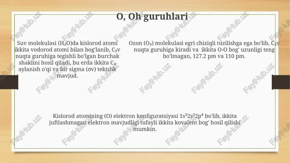 ini aniqlashga imkon bermaydi. masalan, h₂o molekulasi c₂v guruhiga kiradi. punktli guruhlar td punktli guruhi tetraedrsimon geometriyaga ega bo'lgan molekulalar, masalan, ch₄ (metan) uchun uchta c₂ va to'rtta s₄ simmetriya elementlarini o'z ichiga oladi. c∞v punktli guruhi silindrsimon simmetriyaga ega bo'lgan molekulalarni, masalan, hc≡ch (asetilen) uchun tasvirlaydi va cheksiz sonli c∞ o'qiga ega. c∞v punktli guruhi silindrsimon simmetriyaga ega bo'lgan molekulalarni, masalan, hc≡ch (asetilen) uchun tasvirlaydi va cheksiz sonli c∞ o'qiga ega. simmetriya va molekulaning xossalari molekulaning simmetriya elementi c₂ o'qi mavjud bo'lsa, u 180° aylanishga nisbatan o'zgarmas qoladi va bu uning dipol momenti va qutblanish xususiyatlariga ta'sir qiladi. molekulaning simmetriya guruhi uning spektroskopik xossalari, masalan, infraqizil va raman spektroskopiyasidagi faollikni aniqlashda muhim rol o'ynaydi, bu yerda 3n-6 yoki 3n-5 tebranish darajalari mavjud. tetraedrsimon simmetriyaga ega molekulalar (masalan, ch₄) yuqori darajadagi simmetriyaga ega bo'lib, ularning 12ta simmetriya elementi (s₄, c₃, σ) mavjud. dₙ guruhlari agar n toq son bo'lsa, dₙ …