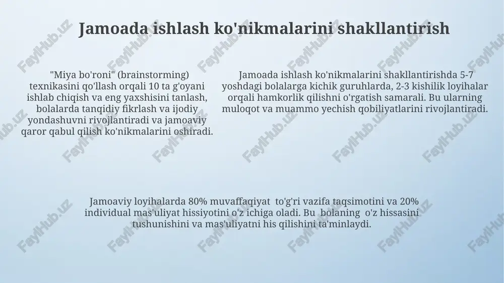 olib keladi. bolalarda mustaqil fikrlashni rivojlantirish uchun turli xil manbalardan (kitoblar, o'yinlar, interaktiv mashg'ulotlar) foydalanish samaradorligini 2 marta oshiradi. kelajakdagi martaba tanlashga yordam berish modellashtirish, o'quvchilarga 30 dan ortiq turli kasblar haqida tasavvur hosil qilish imkoniyatini yaratib, kelajakdagi martaba tanlashda xabardor qaror qabul qilishlariga yordam beradi. muvaffaqiyatli shaxslarning modellashtirilishi, o'quvchilarga 5-10 yil ichida qanday ko'nikmalarga ehtiyoj bo'lishini tushunishga yordam berib, ularning ta'lim yo'nalishini rejalashtirishda muhim rol o'ynaydi. muvaffaqiyatli shaxslarning modellashtirilishi, o'quvchilarga 5-10 yil ichida qanday ko'nikmalarga ehtiyoj bo'lishini tushunishga yordam berib, ularning ta'lim yo'nalishini rejalashtirishda muhim rol o'ynaydi. muammolarni hal qilish qobiliyatini oshirish modellik ishlari bolaning muammolarni hal qilish strategiyasini 30% ga oshirishi mumkin, bu esa mustaqil fikrlash va ijodiy yechimlarni topish qobiliyatini rivojlantiradi. muammolarni tahlil qilish va turli yechimlarni baholash jarayonida 5 ta bosqichli modelni qo'llash, bolaning muammolarni hal qilish ko'nikmalarini samarali rivojlantiradi. o'z muammolarini va boshqalarning muammolarini hal qilishda 2-3 xil yondashuvni sinab ko'rish orqali, bolalar muammoga turli …