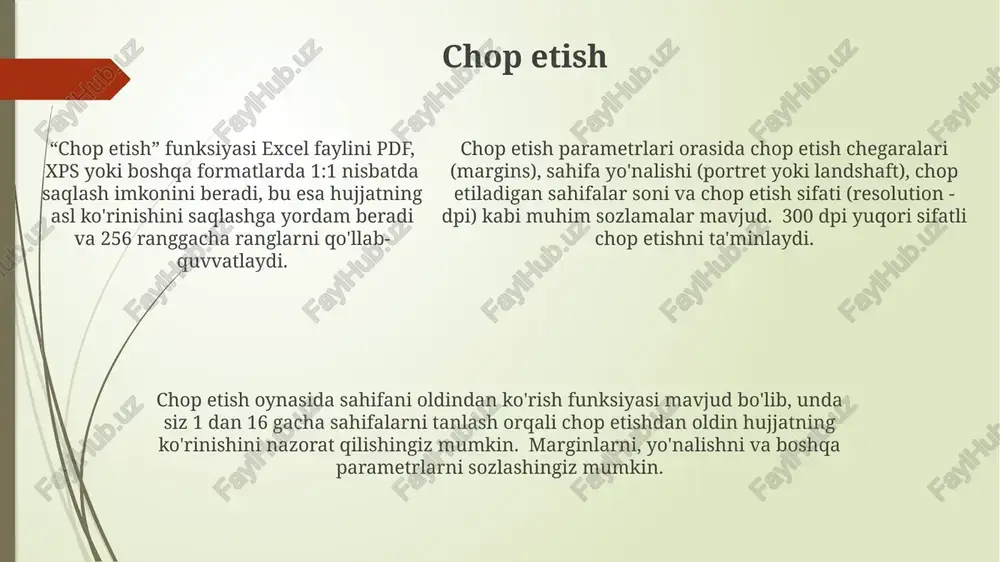iyalarni o'z ichiga oladi. nomlar paneli ichida joylashgan "tez kirish" paneli orqali 8 tadan ortiq tezkor tugmalarni o'zingizning ehtiyojlaringizga mos ravishda sozlashingiz va ularni tezda chaqirish imkoniga egasiz. nomlar paneli fayllarni ochish yoki saqlashda 1-100 ta faylni ko'rsatish imkonini beradi va sizga oxirgi ochilgan 4 ta faylga tez kirish imkoniyatini taqdim etadi, shuningdek, tezkor filtrlash vositalaridan foydalanish mumkin. formulalar kiritish excel'da 400 dan ortiq turli funksiyalar mavjud bo'lib, ular ma'lumotlarni tahlil qilish va murakkab hisoblashlarni soddalashtirishga yordam beradi. sum, average, max, min kabi oddiy funksiyalardan tashqari, murakkabroq statistik va moliyaviy funksiyalar ham mavjud. murakkab formulalar yaratishda qavslar () undan foydalanish hisoblash tartibini aniq belgilash va formulalarni o‘qishni osonlashtirish uchun muhim ahamiyatga ega. masalan, (a1+b1)2 formulasi a1 va b1 hujayralarining yig'indisini 2 ga ko'paytiradi. murakkab formulalar yaratishda qavslar () undan foydalanish hisoblash tartibini aniq belgilash va formulalarni o‘qishni osonlashtirish uchun muhim ahamiyatga ega. masalan, (a1+b1)2 formulasi a1 va b1 hujayralarining yig'indisini …