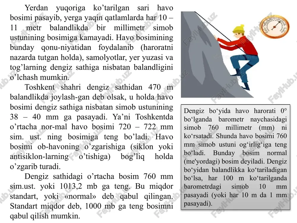 sadga muvofiqligiga qarab atmosfera bosimini o’lchovchi asboblar xilma-xil modelda bo’lishi mumkin, lekin ularning barchasi uch xil turga bo’linadi: simobli barometrlar (yoki manometrlar), aneroidlar va gipsotermometrlar. simobli barometrlar eng aniq bo’lib, asosan, meteorologik stansiyalarda atmosfera bosimini o’lchash uchun qo’llaniladi. ular ichida eng ko’p ishlatiladigani kosachali barometrdir. kosachali barometr - atmosfera bosimini meteorologik stansiyalarda o’lchaydigan asosiy asbobdir (37-rasm). 37-rasm. simobli barometr turlari: kosachali; sifonli; d) sifonli-kosachali; e) kosachali barometr italiyalik olim torichelli tajribasi asosida yaratilgan asbob uzunligi 80 sm va diametri 8 mm shisha trubkadan (1) iborat bo’lib, uning ochiq tomoni barometrik kosachaga (2) tushirilgan. kosacha tashqi havo bilan vint (3) bilan bekitiladigan teshikcha orqali bog’-langan. shisha trubkaning yuqori qismi kovsharlangan, uning ichi-da havo bo’lmaydi, shu sababli kosachadagi simob yuzasiga tashqi havo bosimi ta’sirida trubkadagi simob ustuni ma’lum baland-likkacha ko’tariladi. simob ustunining og’irligi atmosfera bosimiga teng. shisha trubka kosachaga ulangan metaldan qilingan g’ilofga (4) o’rnatilgan, uning yuqorigi qismida trubkadagi simob ustu-nining holatini …