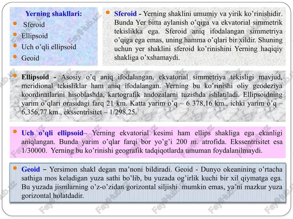 g maydoni – 5100 830 00 km2 yerning hajmi- 1,083 x 1012 km3 yerning og’irligi taxminan 6,000,000,000,000,000,000 tonnani tashkil etadi. yer yuzasining 71 % ni okeanlar va 29 % ni quruqlik egallaydi. yer yuzasining eng baland nuqtasi: jamolungma tog’i hisoblanadi – 8848 m. dunyo okeaning eng past nuqtasi: tinch okeanidagi mariana cho’kmasi – 11022m. quruqlikdagi eng past nuqta: o’lik dengizi sathi okean sathidan - 405 m. pastda joylashgan. dunyo okeaning o’rtacha chuqurligi - 3790 m. yer shari asosan bir necha kontsentrik qobiqlardan iborat bo’lib, uning zichligi sirtidan markaziga qarab oshib boradi. bu qobiqlar yig’indisi geosfera deb ataladi. geosfera o’z navbatida atmosfera, gidrosfera, biosfera va litosfera deb ataluvchi qobiqlardan iborat. yerning markaziy qismi yadro deb ataladi. litosferaning qalinligi taxminan okean suvlari ostida 3-18 km ga va tog’liklarda 50–84 km ga teng. uning eng qalin qismi tyan-shan tog’larida deb xisoblanadi. yerning qattiq qismi geofizika, seysmologiya va graviyametriya usullari bilan 15–20 km chuqurlikkacha …