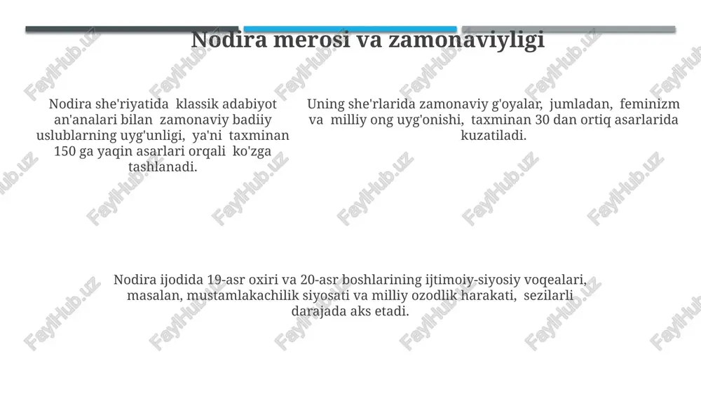 y tasvirlaydi. asarning markaziy mavzusi sifatida hayotning ma'nosi va o'limdan keyingi hayot haqidagi 3 ta asosiy falsafiy nazariyalarni – jaholat, taqdir va qayta tug'ilishni nodira she'rlari orqali tahlil qilish mumkin. she'riyat uslubi va san'ati nodira ijodida 20 dan ortiq gʻazal, ruboiy va masnaviy kabi turli sheʼriy shakllarning qoʻllanilishi uning uslubiy boyligini koʻrsatadi. uning sheʼrlarida 7-8 hecadan iborat misralar bilan birga, murakkab, badiiy jihatdan boy boʻlgan 11-12 hecadan iborat misralar ham uchraydi. nodira sheʼriyatida tazod (mutanosib), istiora, tasbeh kabi sheʼriy sanʼatlarning ustalik bilan qoʻllanilishi kuzatiladi. sevgi va muhabbat lirikasi “sevgi va muhabbat lirikasi”da nodira 2 ta asosiy tuyg'u – samimiy muhabbat va ajralish azobini o'ziga xos uslubda ifoda etadi. nodira ijodida sevgi va muhabbatga oid 15 dan ziyod ruboiy mavjud bo'lib, ular qisqa, ammo ta'sirchan his-tuyg'ularni aks ettiradi. nodira she'rlarida sevgi va muhabbat mavzusining 30 dan ortiq g'azali uchraydi, ularning aksariyati ijodiy tasvirlar va majoziy ifodalarga boy. e'tiboringiz uchun rahmat @taqdimot_robot …