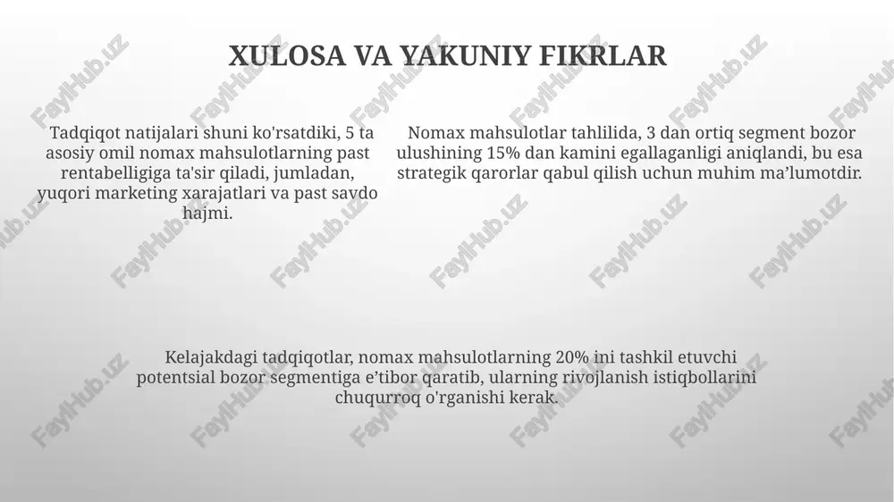 ni tahlil qilishda, 5 dan ortiq o'zgaruvchiga ega bo'lgan murakkab modellar uchun lineer dasturlash usullarini qo'llash samarali bo'lishi mumkin. nomaksimal mahsulotlarning ta'rifi va xususiyatlari nomaksimal mahsulotlar portfelini tahlil qilishda bcg matritsasi yoki ge/mckinsey matritsasi kabi strategiyalarni qo'llash mumkin. nomaksimal mahsulotlar, bozorning taxminan 20-30%ini egallaydigan, raqobatbardoshligi past va iste'molchilar talabining past bo'lgan mahsulotlardir. ushbu mahsulotlarning rentabellik darajasi 5% dan kam bo'lib, ishlab chiqarish hajmi kam, marketing xarajatlari esa yuqori bo'lishi mumkin. nomaksimal mahsulotlarning muammolari va kamchiliklari nomaksimal mahsulotlarning sifat nazorati qiyinlashadi, chunki 100% tekshirish amaliy emas va 5% dan ortiq nuqsonli mahsulotlarning bozorda paydo bo'lishi ehtimoli yuqori. mijozlarning noroziligi va brend obro'siga salbiy ta'sir - bu nomaksimal mahsulotlarning asosiy kamchiliklardan biri bo'lib, mijozlarning 30% dan ko'prog'i bunday mahsulotlarni qaytarib berishga moyil. nomaksimal mahsulotlar ishlab chiqarish xarajatlarini 15-20% ga oshirishi mumkin, chunki qayta ishlash va chiqindilarni yo'q qilish zarurati mavjud. nomaksimal mahsulotlarning sifati va xavfsizligi mahsulotlarning 15%ida zararli moddalar miqdori ruxsat etilgan …